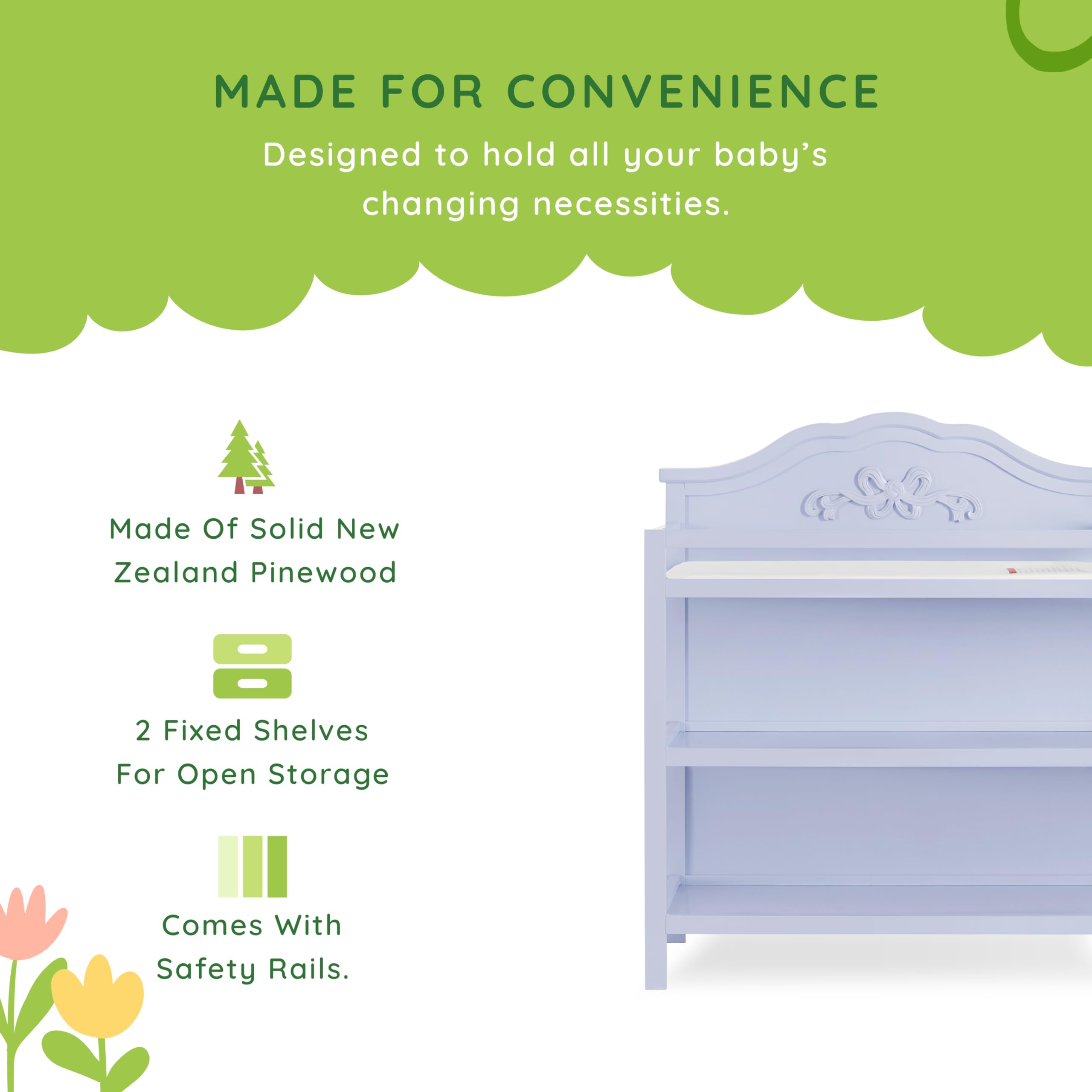 Lavender Jasmine Baby Changing Table with Fixed Shelves, 1