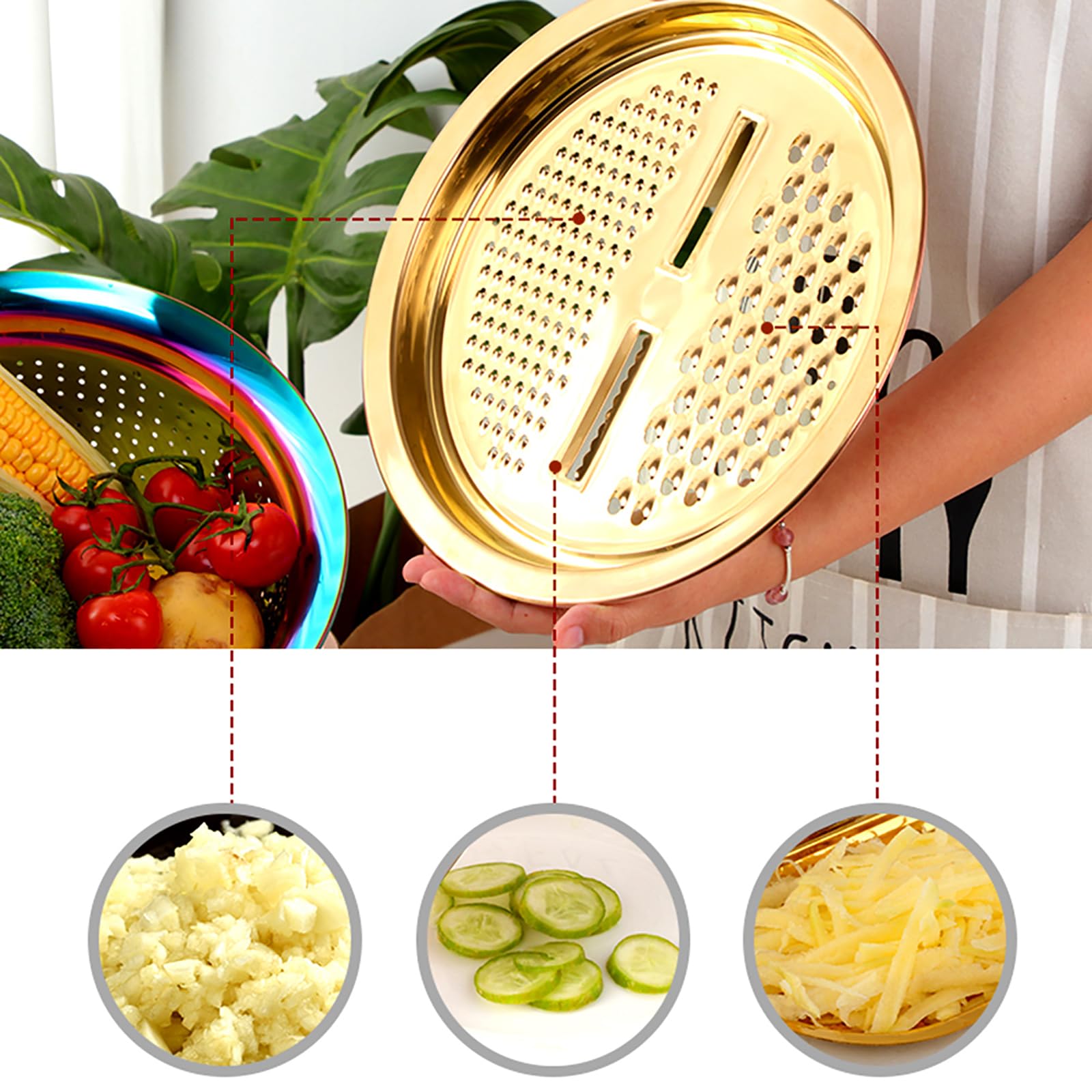 3Pcs Stainless Steel Colander Set - 3-in-1 Strainer Bowl, Vegetable Cutter & Drain Basket for Washing Fruits, Vegetables, Rice - Gold Kitchen Tool (Perfect for Salad Prep, Pasta Draining & Mixing Ingredients)