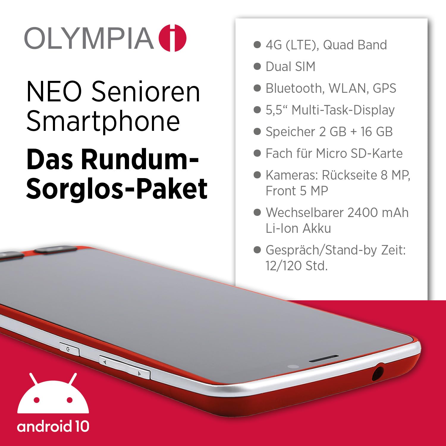 OLYMPIA Neo 5.5-inch Dual SIM Android 10 Smartphone - 4G LTE, 2GB RAM, 16GB Storage, 2400mAh Battery, USB Type-C, Black/Red - Perfect for Travel & Business Use