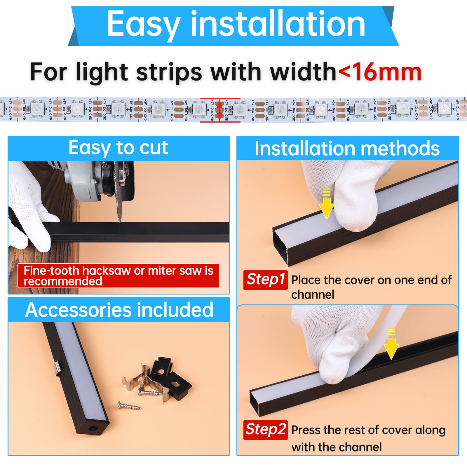 Muzata 10-Pack 6.6FT/2M Black LED Strip Channel with Frosted White Diffuser Cover - U103 BW 2M - Ideal for Home, Office, and Commercial Lighting Projects