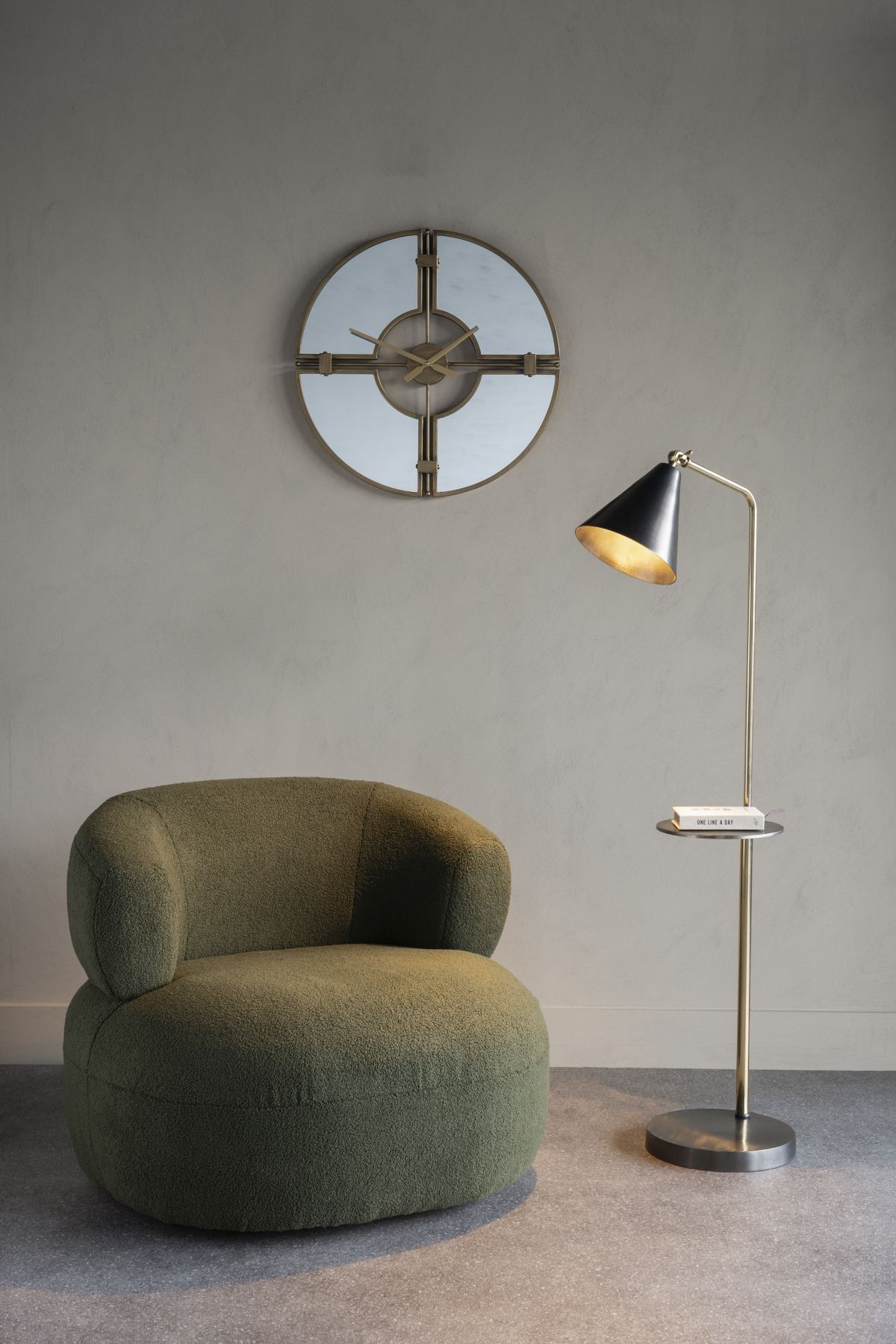 Amelie Brushed Floor Lamp - Satin Grey & Brass Finish with Side Table - Modern Living Room Lighting for Reading & Relaxation