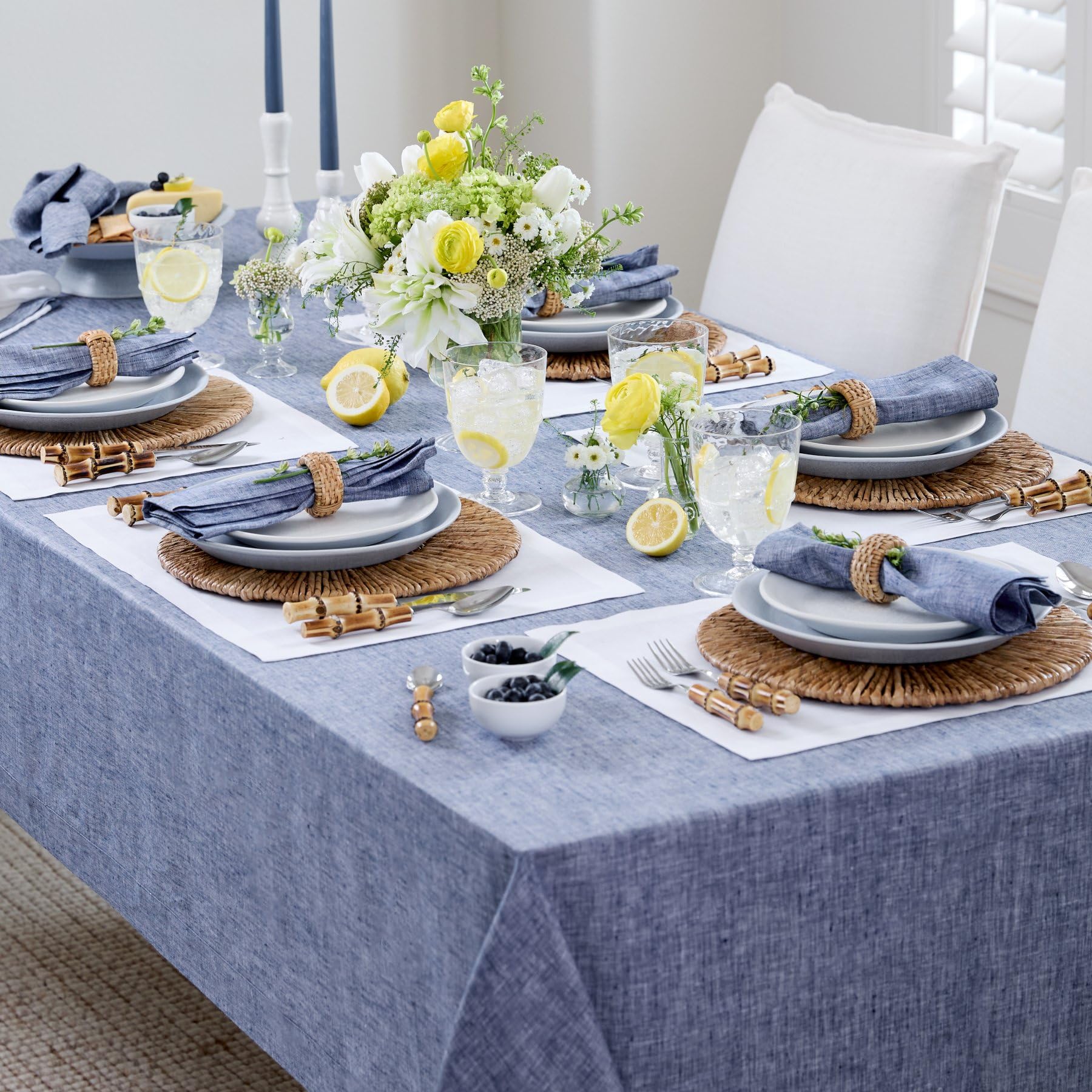 Premium 100% Pure Linen Tablecloth 60x120 Inches - Elegant Athena Chambray Indigo Rectangular Table Cover - Machine Washable Dining Table Decor for Spring, Easter & Mother's Day - Perfect for Farmhouse, Rustic & Boho Home Decor