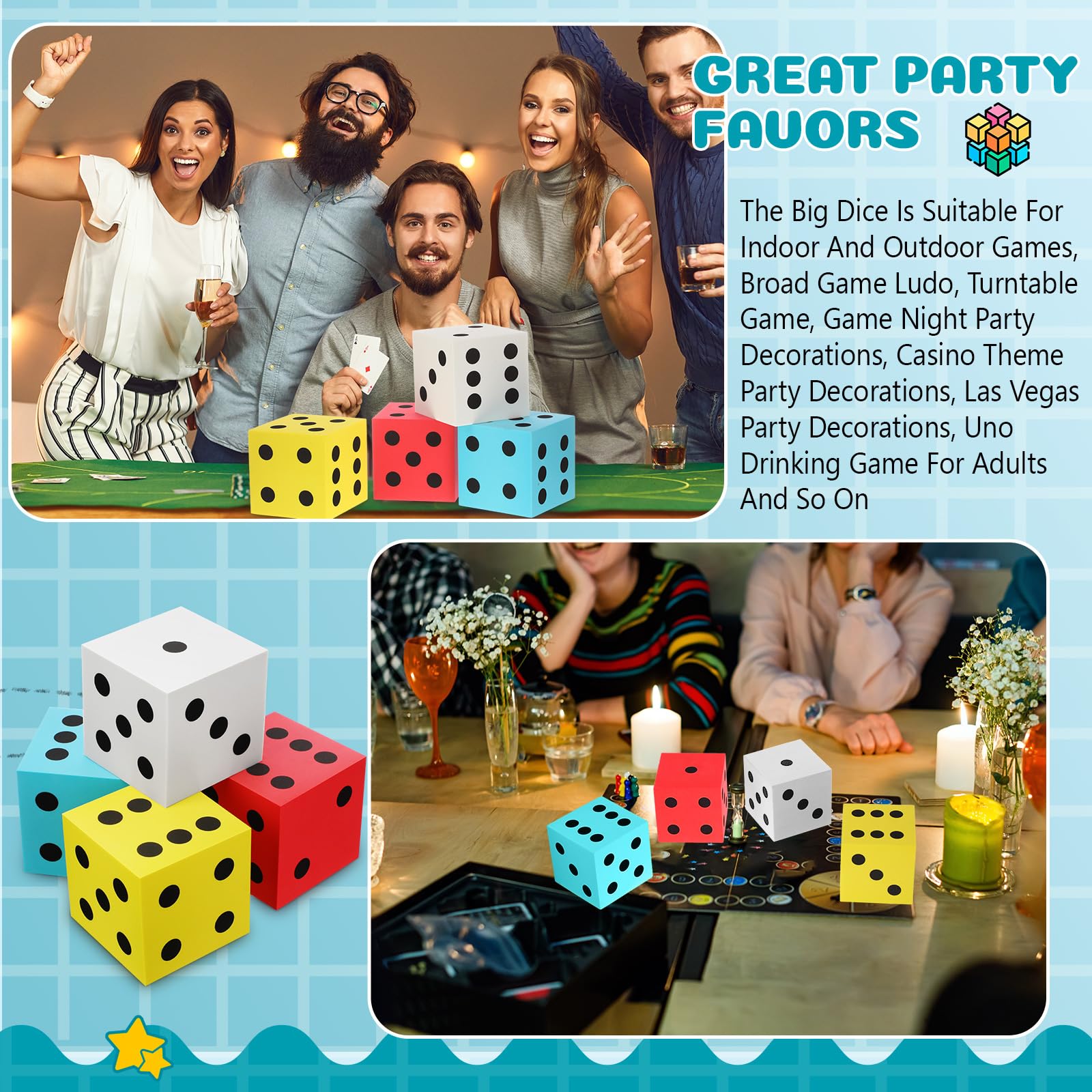 Shappy 4-Piece Jumbo 3.5 Inch Foam Dice Set with Number Dots - Giant Soft Cube for Math Games, Classroom Activities, Christmas Parties & Gift Bags (Red, Yellow, Blue, White) - Perfect for Educational Toys, Board Game Nights, and Kids' Birthday Party Favors