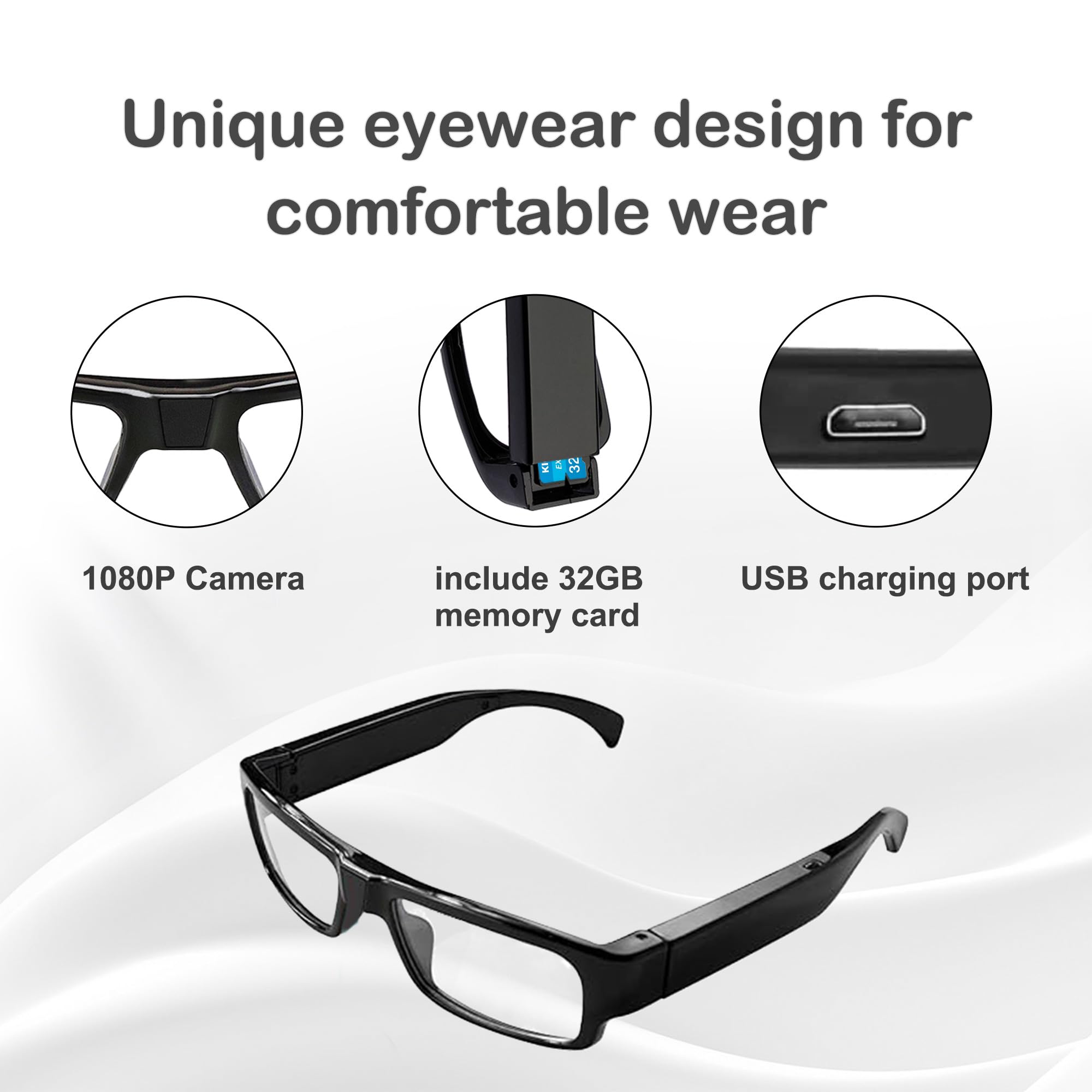 Hereta Spy Camera Glasses - 1080P HD Video Recording with 256GB TF Card Support, Includes 32GB Card - Perfect for Covert Surveillance, Travel Vlogging & Security Monitoring