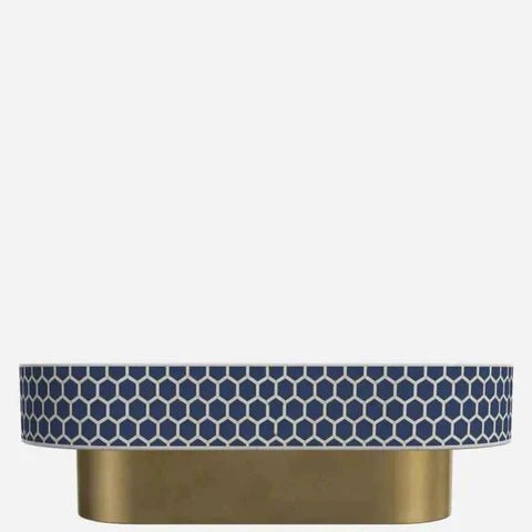Handmade Bone Inlay Navy Blue Coffee Table with Brass Base - Stylish Modern Living Room Furniture for Home Decor & Interior Design