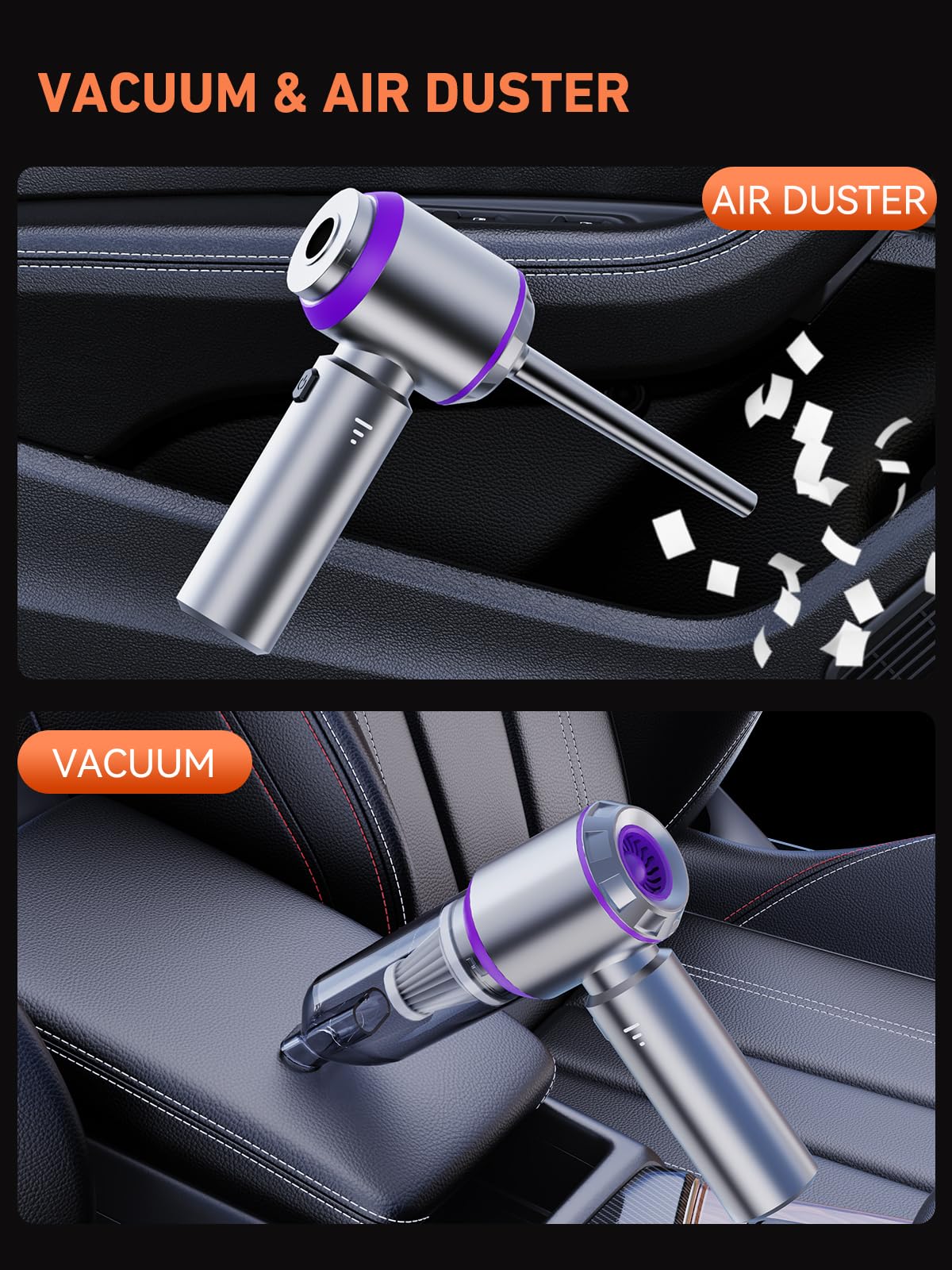 80,000RPM Super Power Cordless Mini Car Vacuum Cleaner - 4-in-1 Handheld Air Duster, Blower Gun, Pump & Dust Blower (Purple) | Perfect for Car Detailing, Keyboard Cleaning & Home Dusting