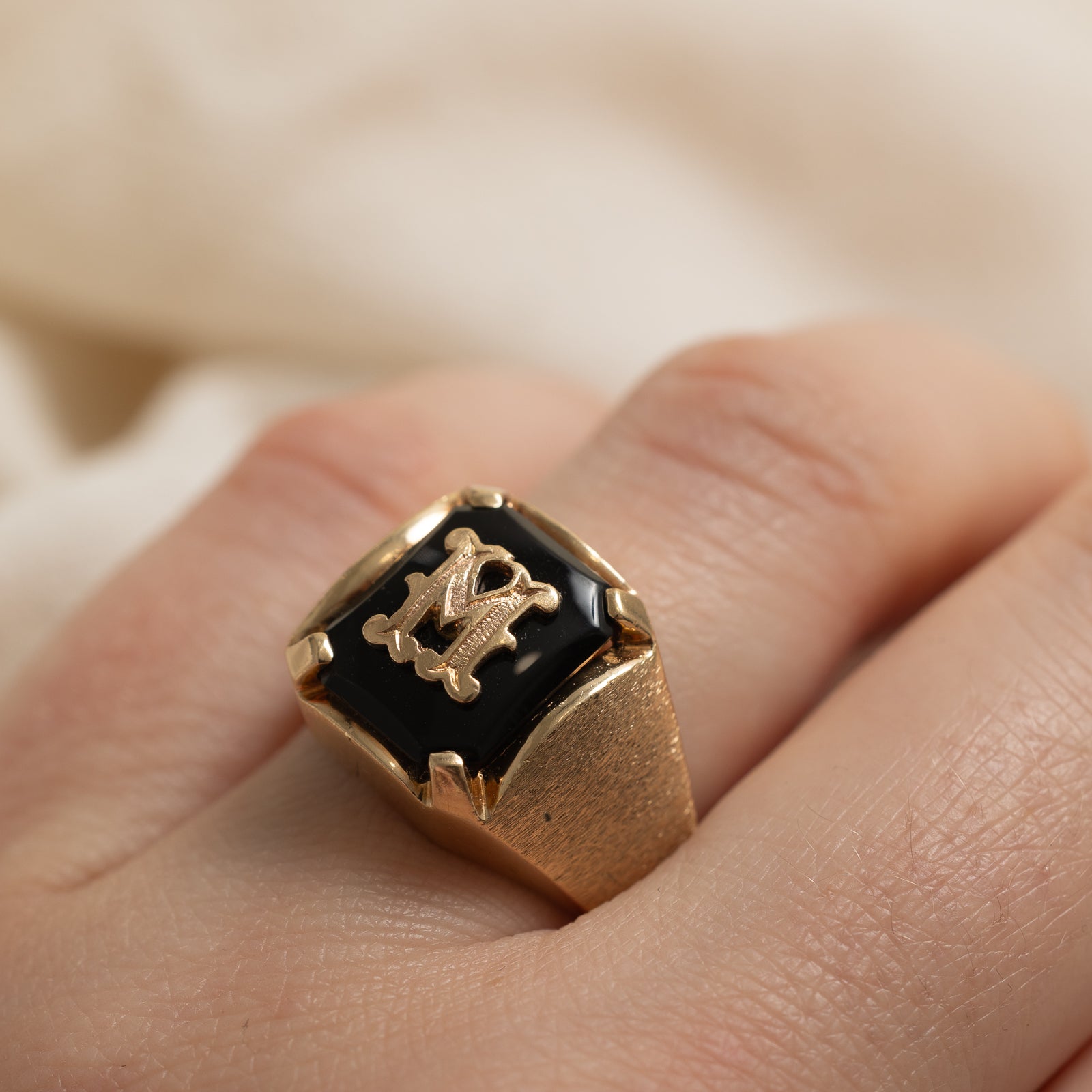 10K Gold Onyx 'M' Initial Signet Ring for Men - 1.90ct Genuine Black Onyx Stone - Size 8 - Elegant Personalized Jewelry Gift for Him - Perfect for Weddings, Anniversaries & Special Occasions