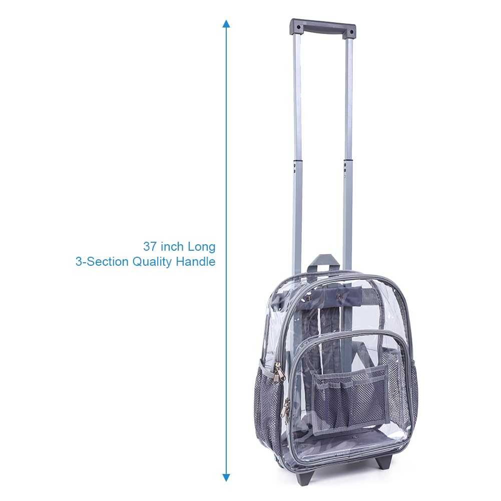 Durable Rolling Clear Backpack - Heavy Duty Cold-Resistant Transparent PVC Wheeled Backpack for School, Travel & Security Checks (Grey)