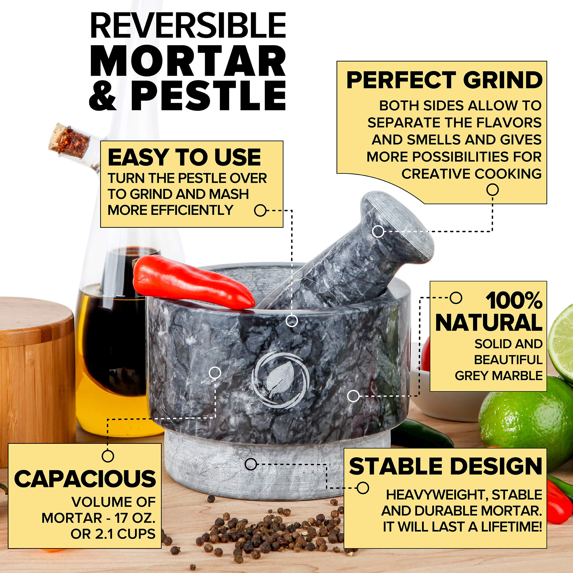 Laevo Marble Mortar and Pestle Set - 5.5 Inch Large Stone Grinder Bowl - 2 Cup Capacity for Grinding Spices, Herbs, Guacamole & Pesto - Durable Reversible Kitchen Tool for Cooking, Baking & Mixing - Perfect for Home Chefs & Healthy Meal Prep