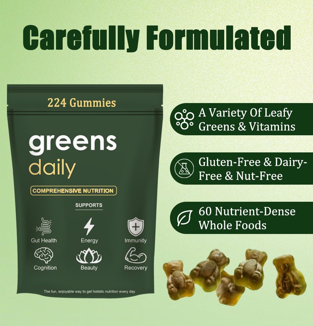 Organic Greens Gummies with Chlorella & Spirulina - 224 Count Multivitamin for Digestive & Gut Health - 60+ Superfood Ingredients - Daily Immune Support Gummy Bears - Perfect for Busy Lifestyles & On-the-Go Nutrition