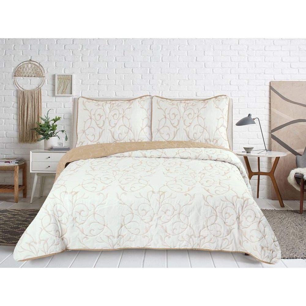 3 Piece Reversible Embroidered Botanical Floral Quilt Set Queen Size - Luxury White & Gold Bedding with Vines Design | Soft, Warm & Lightweight | Fade & Wrinkle Resistant | Perfect for Master Bedroom, Guest Room & Cozy Home Decor