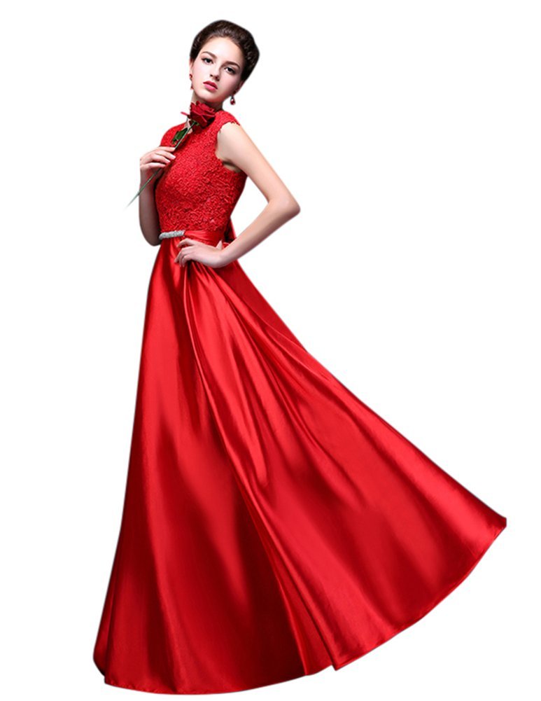 Elegant Long Satin Bridal Dress with Lace Details - Women's Formal Prom Party Gown for Weddings, Evening Galas & Special Occasions