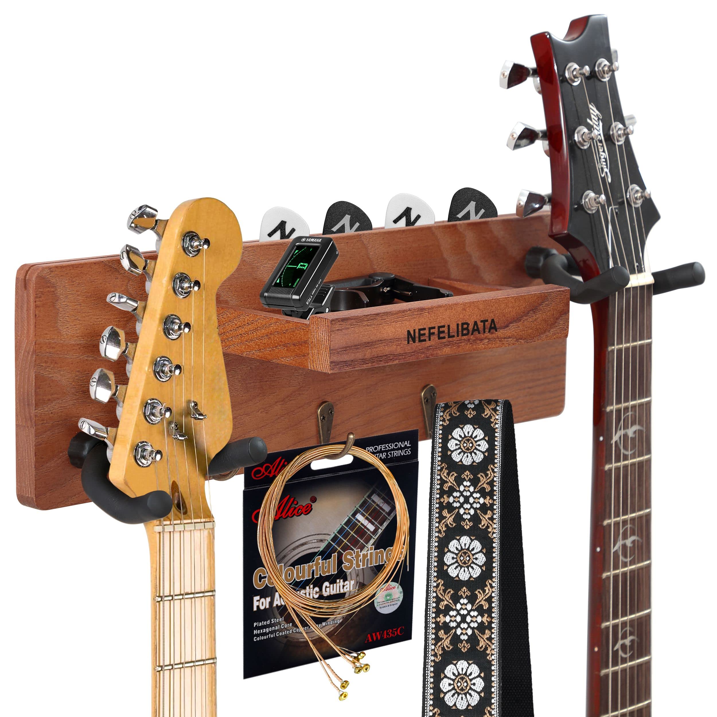 Premium German Ash Wood Guitar Wall Mount with 2 Non-Slip Silicone Hooks - Includes Free Capo & Pick Holder - Secure Storage for Acoustic, Electric, Bass, Mandolin & Banjo - Perfect for Home Studios, Music Rooms & Stage Performances