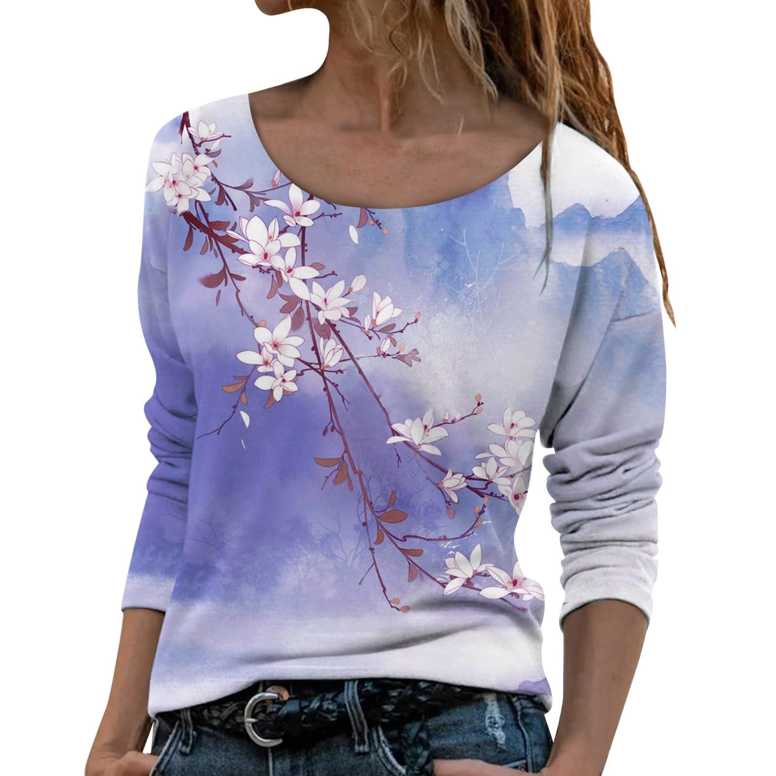 GBSELL Women's Long Sleeve Crewneck Blouse - Floral Print Pullover Top for Casual Wear, Office & Fall Fashion