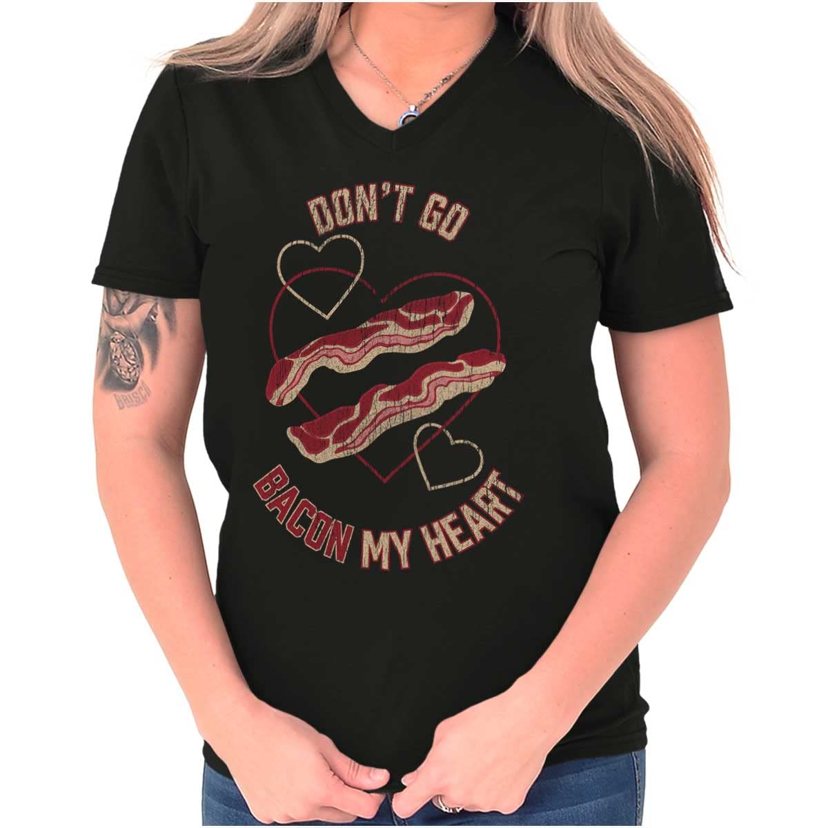 Brisco Brands 'Don't Go Bacon My Heart' Funny Food Pun V-Neck T-Shirt for Women | Cute & Humorous Gift for Bacon Lovers, Casual Wear & Gifts
