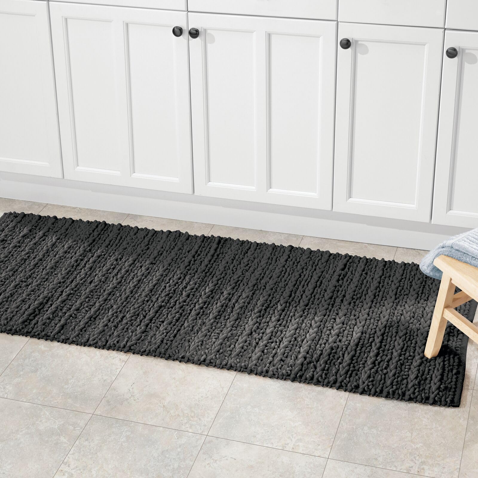 mDesign 3-Piece Cotton Bathroom Rug Set - Super Absorbent, Non-Slip Bath Mat for Vanity, Shower & Bathtub - Includes Runner & Small Rugs - Braided Design - Perfect for Master & Guest Bathrooms (Black, Set of 3) | Home Decor & Bath Essentials