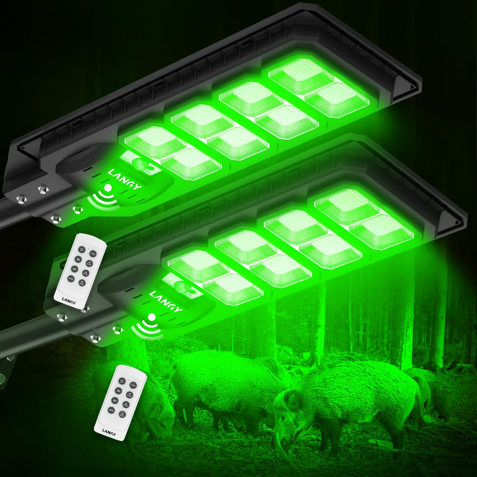 2 Pack Solar Powered Hunting Lights - 20000LM Green LED Hog Light for Night Hunting, Motion Activated Feeder Light for Hogs, Coyote, Varmint & Deer | Ideal for Backyard, Farm & Outdoor Hunting Scenarios