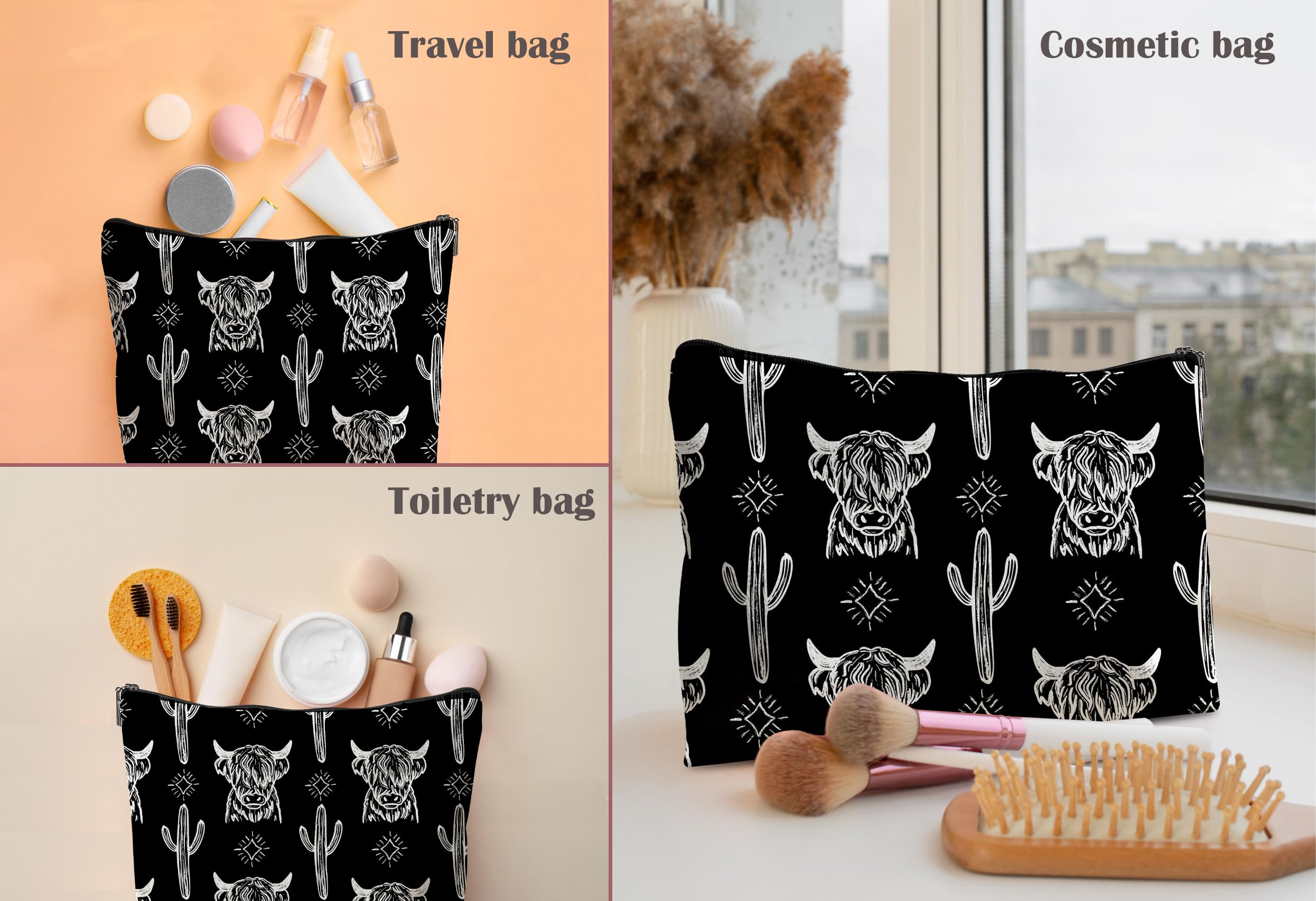 Cow Makeup Bag - Genuine Leather Cosmetic Pouch for Cowgirls, Western Style Gift for Women - Perfect for Travel, Gym & Everyday Use