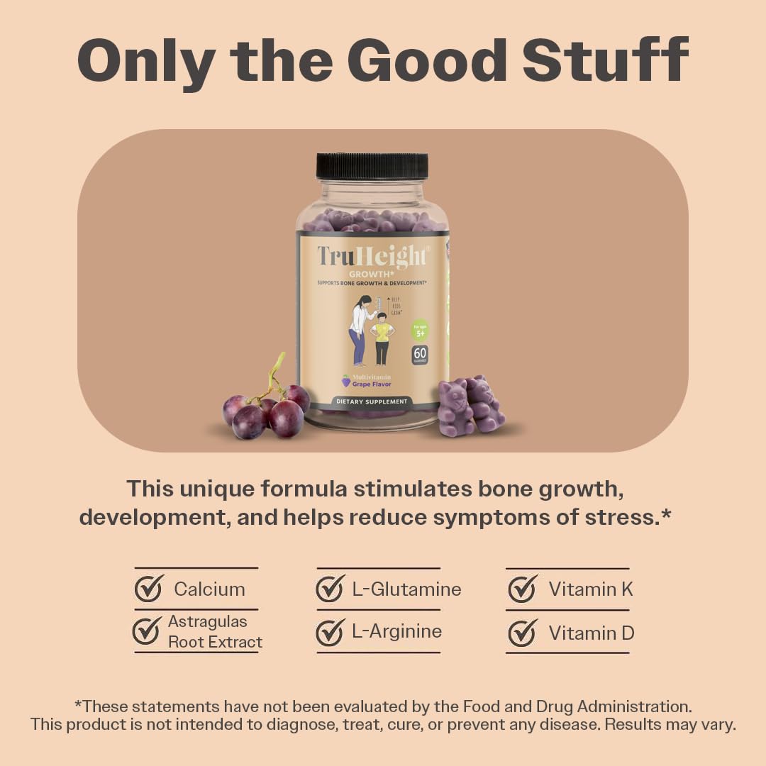 TruHeight Growth Gummies Grape Flavor - Natural Kids & Teens Height Growth Supplement with Vitamin D, K, Calcium & Ashwagandha - Bone Strength Vitamins for Picky Eaters (Ages 5+) - Perfect for School Lunchboxes & After-School Snacks