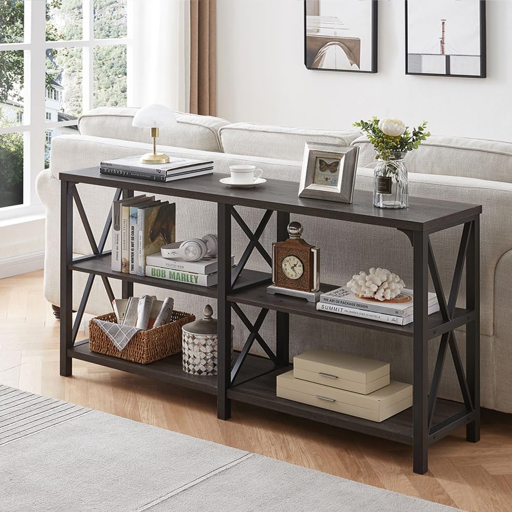 LVB Rustic Console Table - Industrial Modern Sofa Table Behind Couch, Long Entryway Table with Storage Shelf | Farmhouse Foyer & Hallway Table for Living Room, Bedroom & Home Decor | Dark Gray Oak Finish, 63 Inch | Perfect for Small Spaces & Apartment Entryways