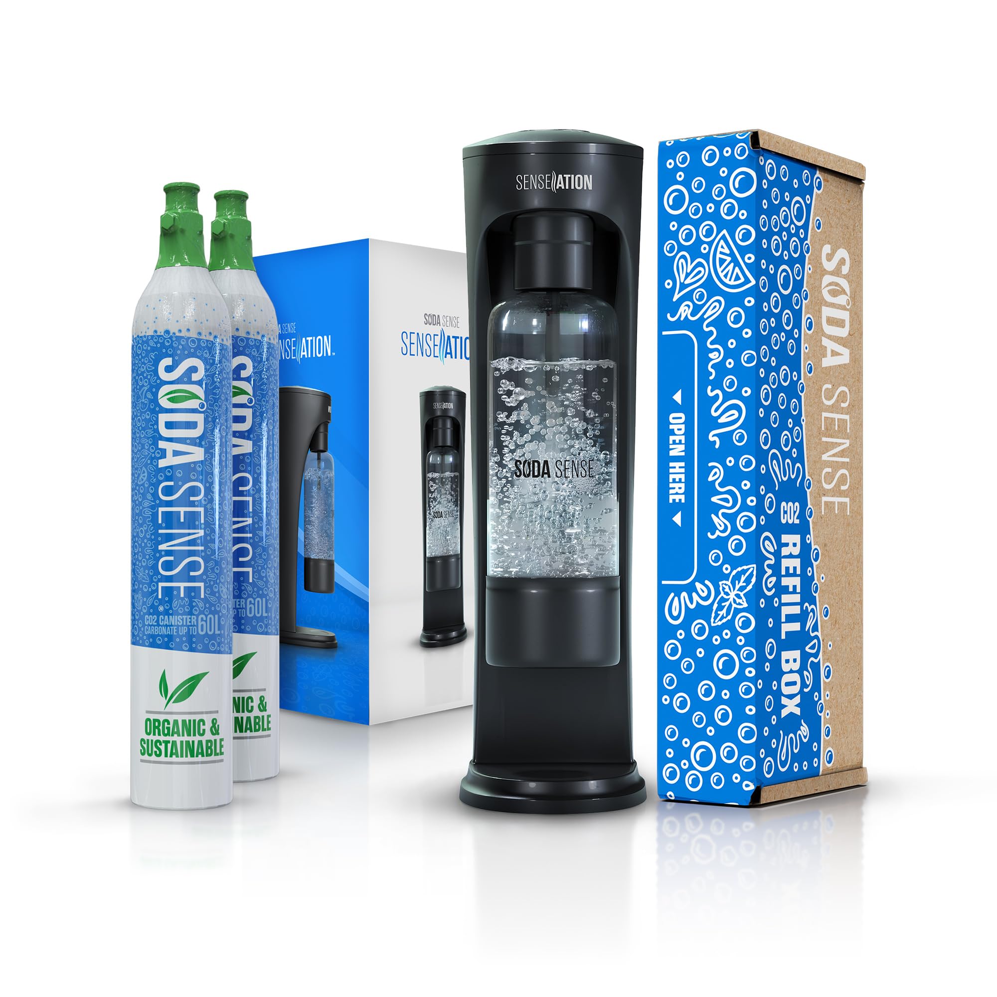 Soda Sense SENSEation Sparkling Water Maker Kit with CO2 Canisters & Reusable Bottle - Make Carbonated Drinks at Home for Parties, Healthy Hydration & DIY Sodas