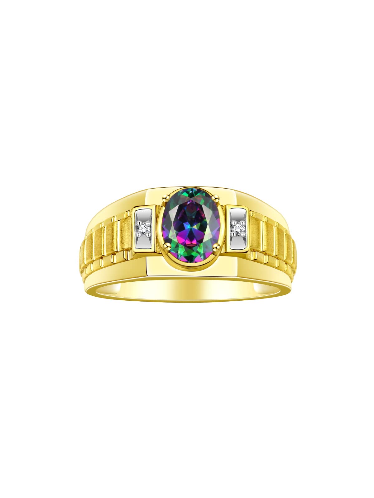 RYLOS Men's Classic Designer 8X6MM Oval Gemstone & Diamond Ring - Yellow Gold Plated Silver Birthstone Jewelry for Men (Sizes 8-13) | Perfect for Weddings, Anniversaries & Special Occasions