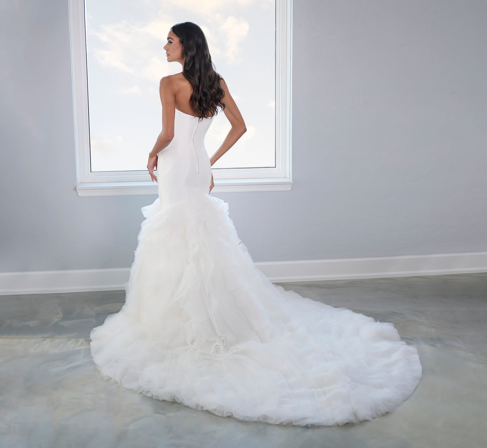Ivory Tulle and Organza Ruffled Gown with Paneled Mikado Bodice - Elegant Wedding Dress for Brides, Prom, and Formal Events