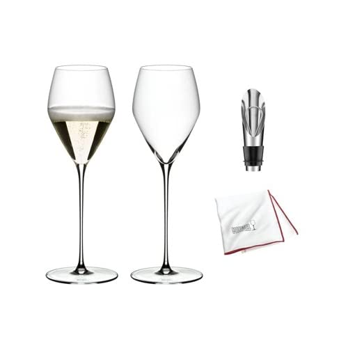 Riedel Veloce Champagne Wine Glasses Set of 2 with Microfiber Polishing Cloth & Wine Pourer Stopper - 4 Piece Gift Set for Wedding, Anniversary & Romantic Dinner Party Accessories