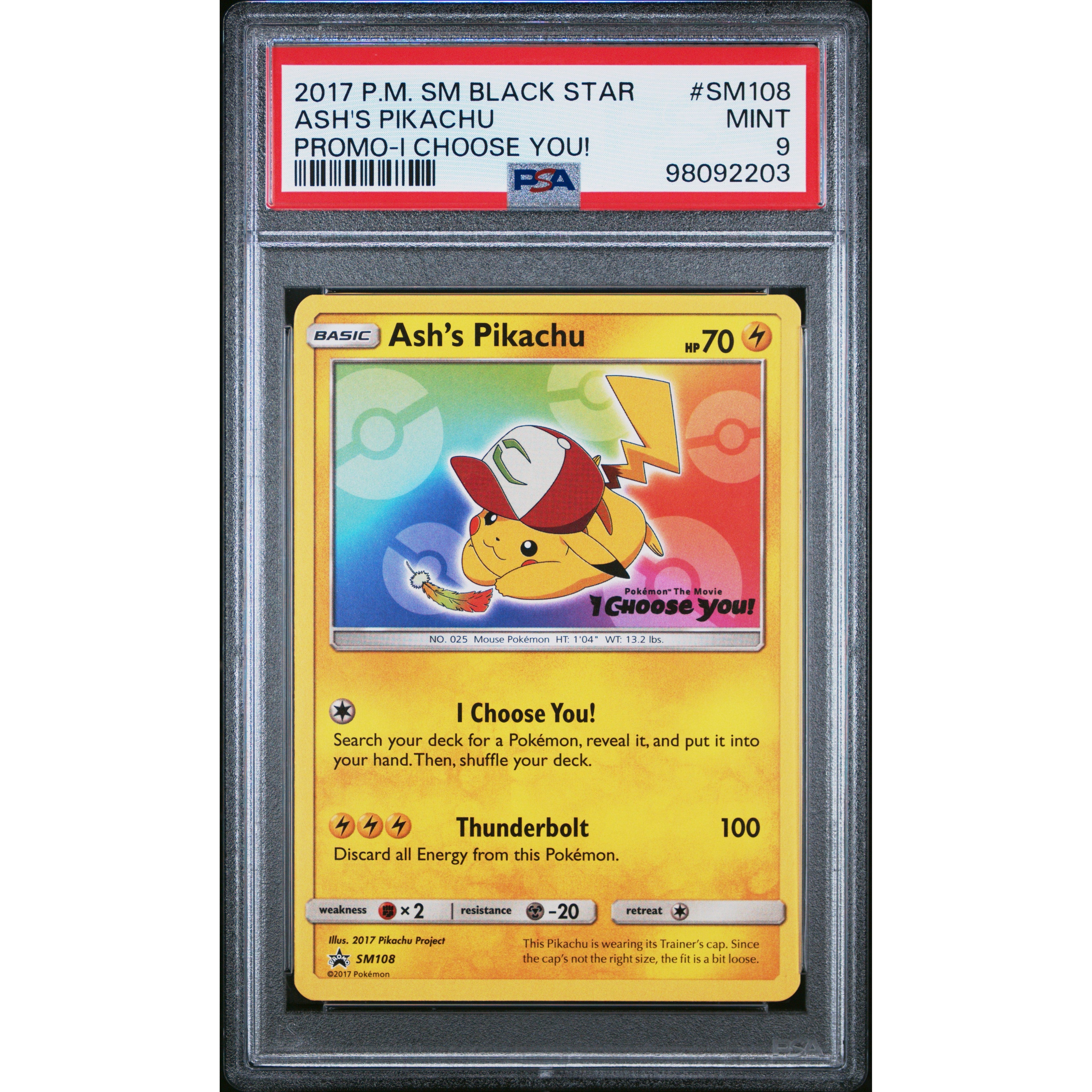 2017 Pokemon Sun & Moon SM108 Ash's Pikachu Promo Card PSA 9 Gem Mint - Rare Collectible for Pokemon TCG Players & Fans - Perfect for Gaming, Trading & Display