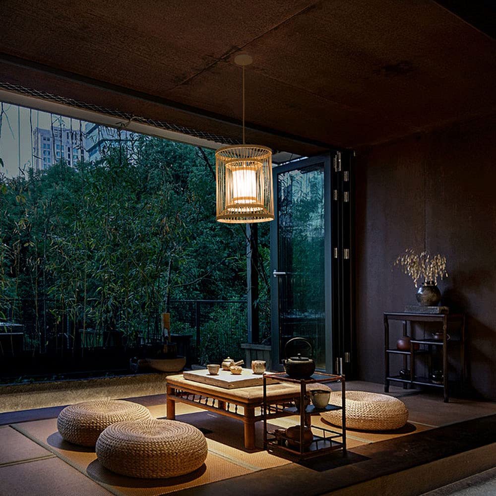 Handmade Natural Wood Chandelier - Bamboo Woven Pendant Light with Chinese & Nordic Style for Farmhouse, Restaurant, and Tatami Room Decor | Rustic Wicker Lantern Lighting for Dining Room, Bedroom, and Living Room