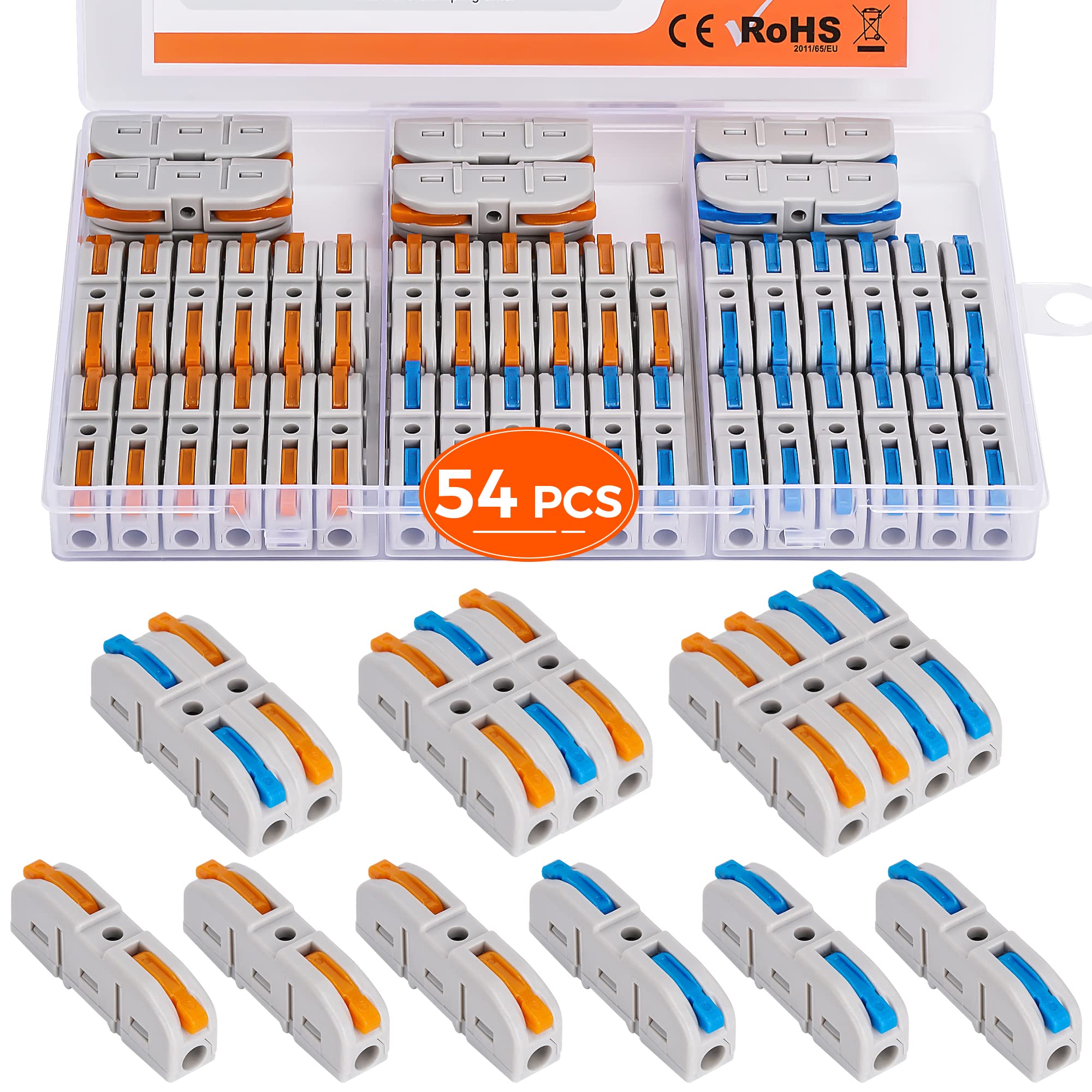 54PCS Lever Wire Connectors Kit - 1 to 1 Inline Electrical Quick Connect Terminals for 28-12 AWG Wires | Push-in Compact Splicing Connectors for Home Wiring, Automotive & DIY Electrical Projects