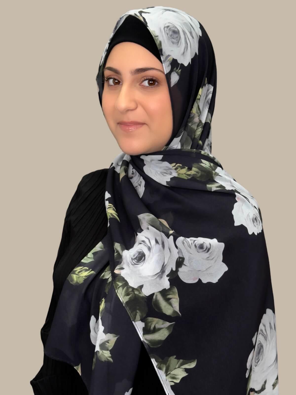 Stylish Printed Chiffon Hijab with Frosted Rosette Design - Perfect for Daily Wear, Prayer & Special Occasions