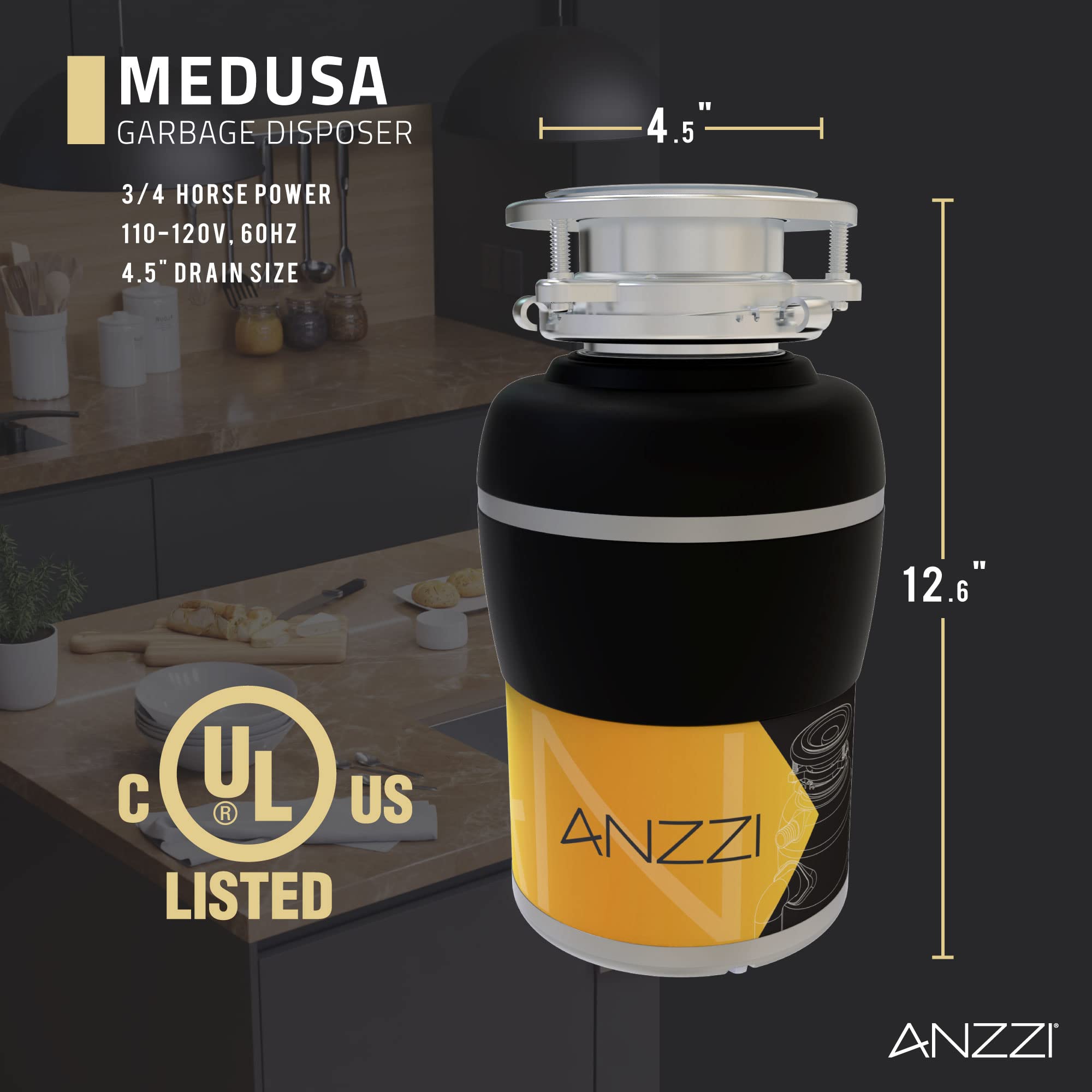 ANZZI MEDUSA 3/4 HP Continuous Feed Compact Undersink Garbage Disposal with Pre-installed Power Cord - Black Finish | Quiet & Powerful Kitchen Waste Disposer for Homes & Restaurants | GD-AZ234