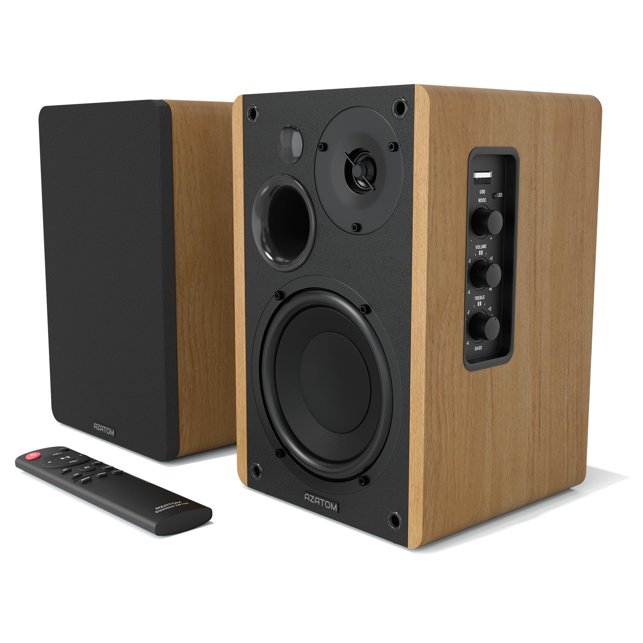 AZATOM EB100 50W Powered Bookshelf Speakers - 2.0 Active Bluetooth/Wired HiFi Audio System with Wooden Enclosure (Oak, Renewed) - Perfect for Home Theater, Gaming, Vinyl Records, Music Streaming & PC/Laptop Use