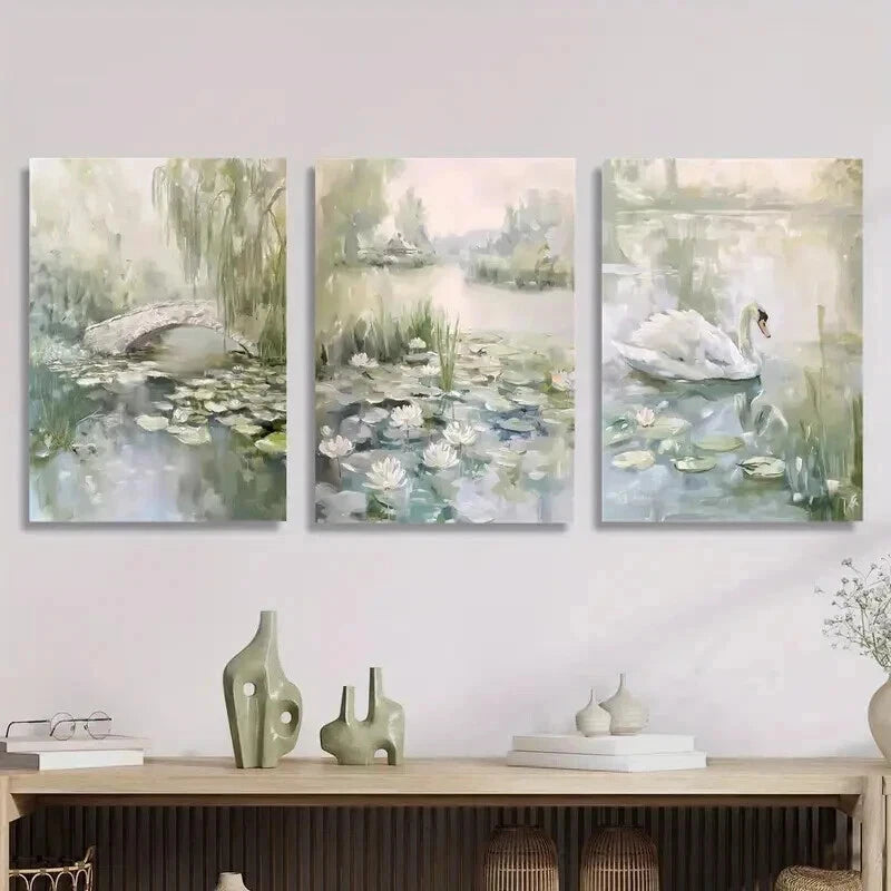 3-Piece Water Lily Pond Spring Scenes Wall Art Set - Framed Canvas Prints 50x70cm - High Quality Australian Made - Ready to Hang - Perfect for Living Room, Bedroom & Office Decor