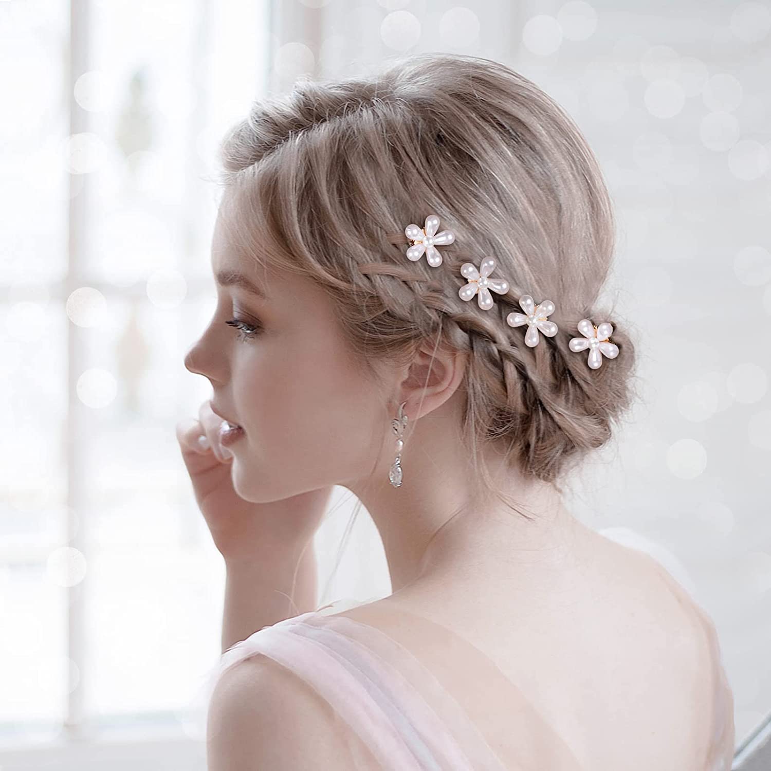 Korean Pearl Barrettes Set - 4 Pcs Crystal Flower Hair Clips for Women, Wedding & Party Accessories