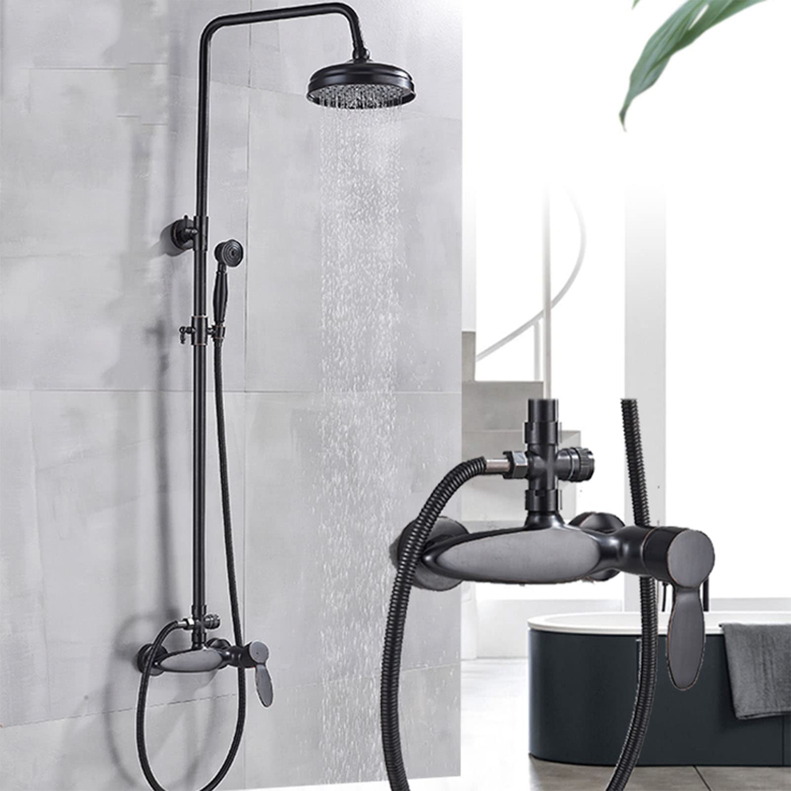 Black Bronze Wall Mounted Shower Mixer Set with Rainfall Shower Head & Hand Shower - Height Adjustable for Luxurious Bathroom Experience | Perfect for Modern Homes, Spa-Like Showers & Water-Saving Bathrooms