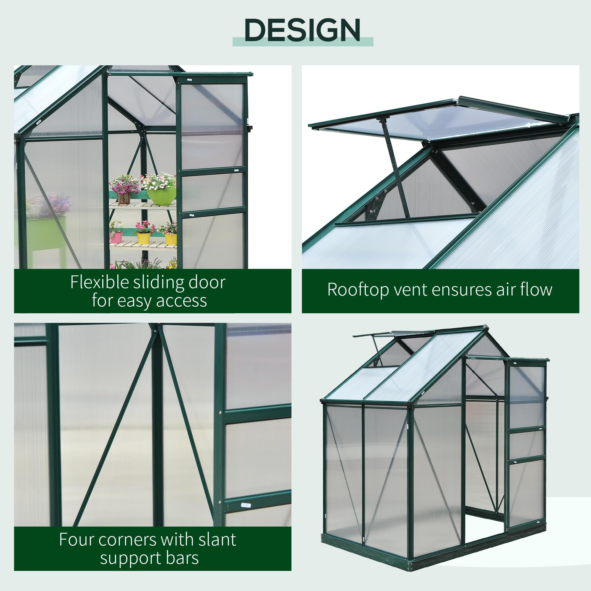 Outsunny 6' x 4' Polycarbonate Walk-in Greenhouse for Outdoor Gardens - Durable Aluminum Frame with Rain Gutter & Roof Vent - Perfect for Backyard, Patio & Home Gardening (Dark Green)