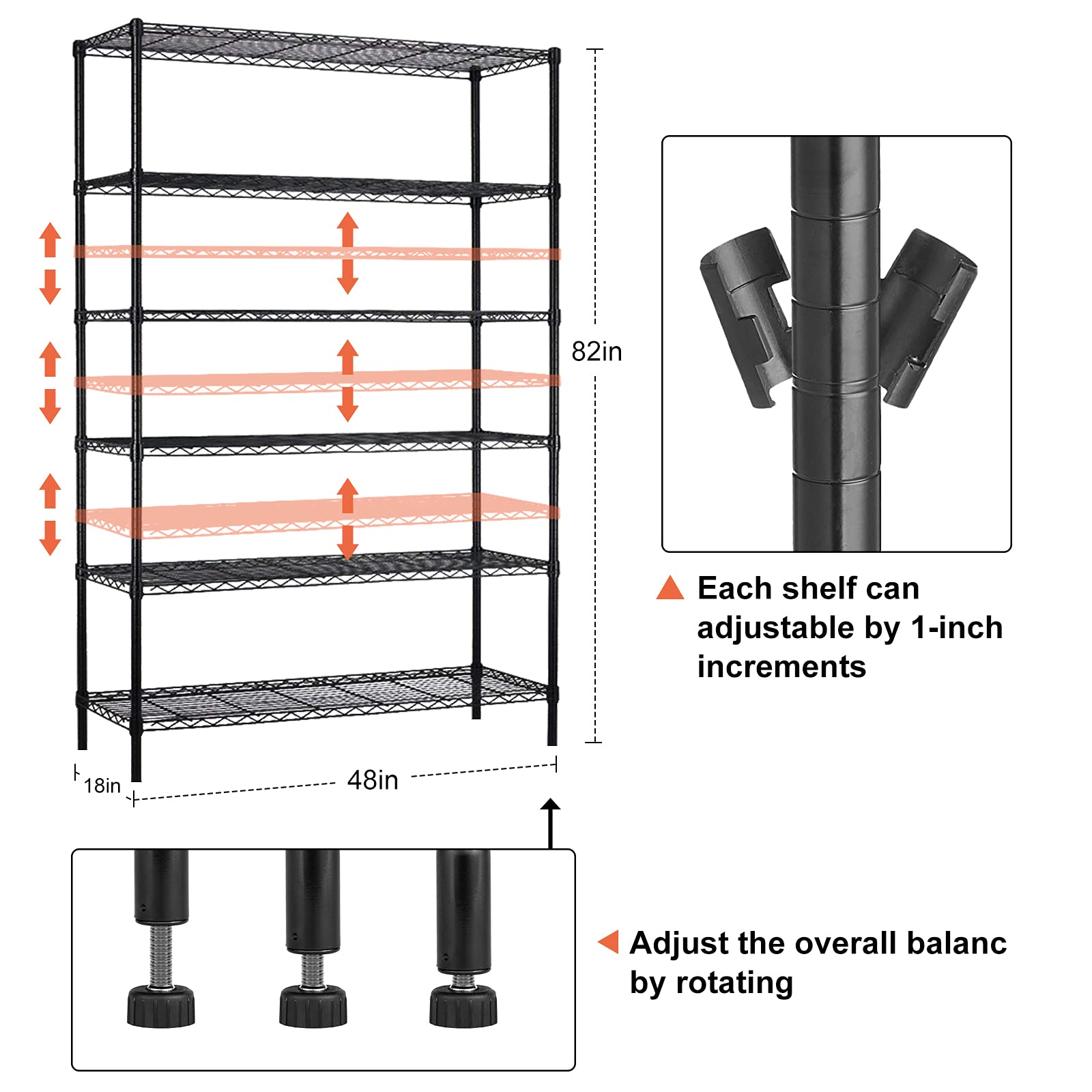 6-Tier Heavy Duty Adjustable Wire Shelving Unit - 2100Lbs Capacity Steel Storage Rack for Kitchen, Garage, Pantry, Laundry & Closet - Black Metal Shelf (48