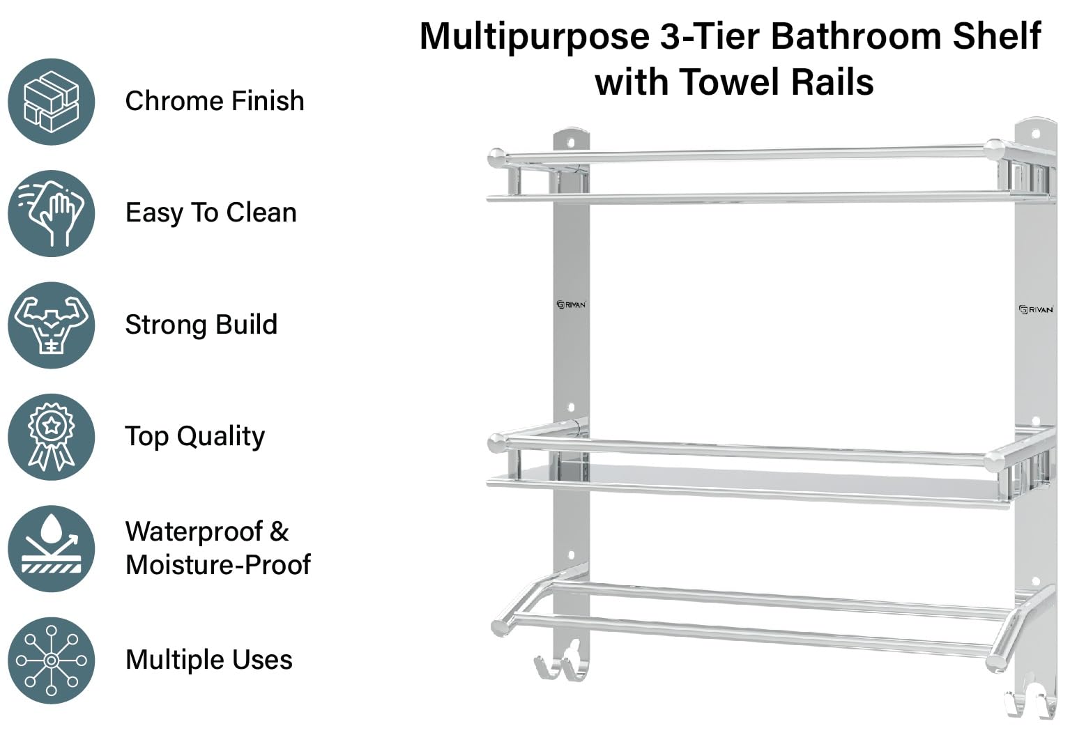 GRIVAN Stainless Steel Double Layer Bathroom Shelf with Towel Rod - Wall Mount Organizer for Bathroom Storage, Chrome Finish - Perfect for Small Spaces, Shower Caddies & Bath Accessories Organization