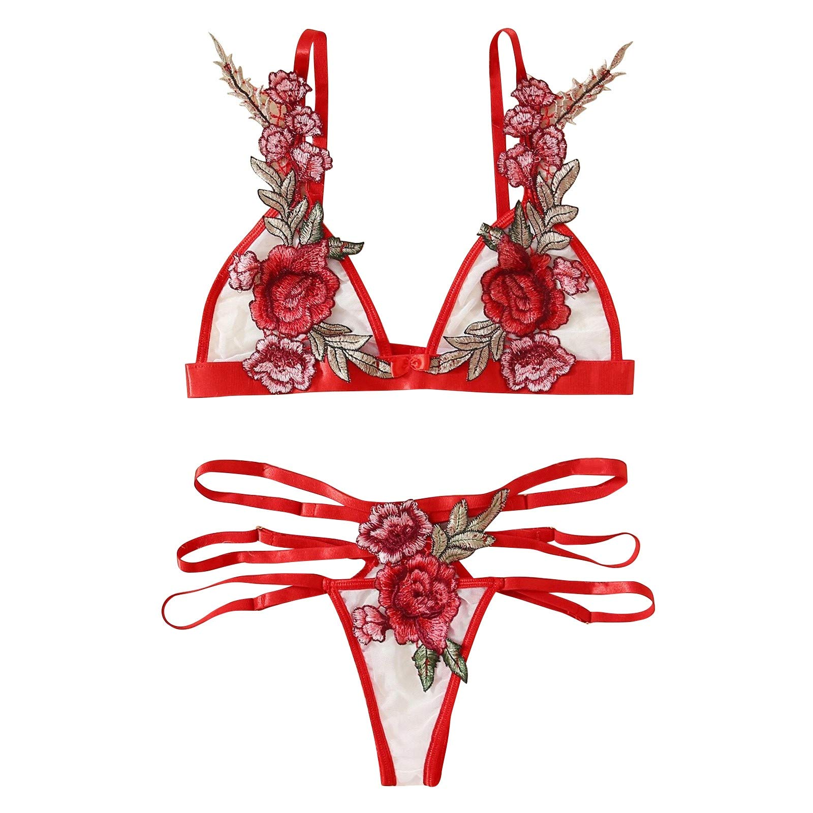 Sexy Red Lace Bralette & Thong Set with Floral Embroidery, Heart Garter - Women's Lingerie for Valentine's Day & Romantic Nights (Red, Size S)