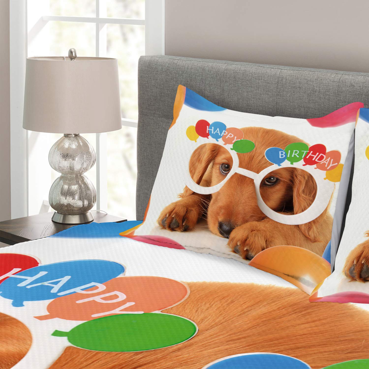 Ambesonne Birthday Party Bedspread Set - 3 Piece Queen Size Dog Themed Bedding with Golden Glasses & Balloons Design, Decorative Coverlet & 2 Pillow Shams - Perfect for Birthday Celebrations, Dog Lover Gifts & Themed Bedroom Decor