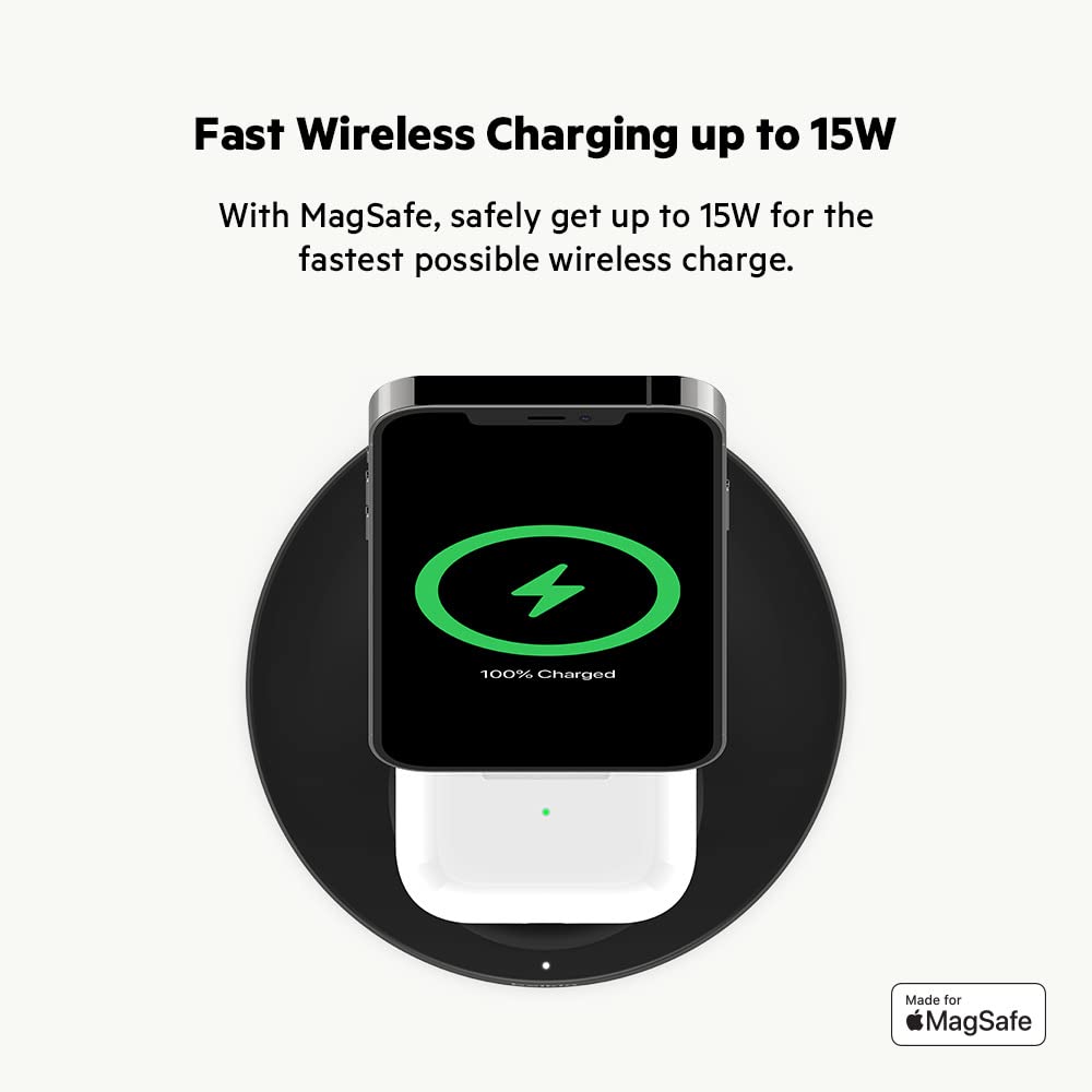 Belkin MagSafe 2-in-1 Fast Wireless Charging Stand for iPhone 16/15/14/13 & AirPods - MFi Certified Magnetic Charging Station for Multiple Apple Devices - Black - Perfect for Home, Office & Travel Charging