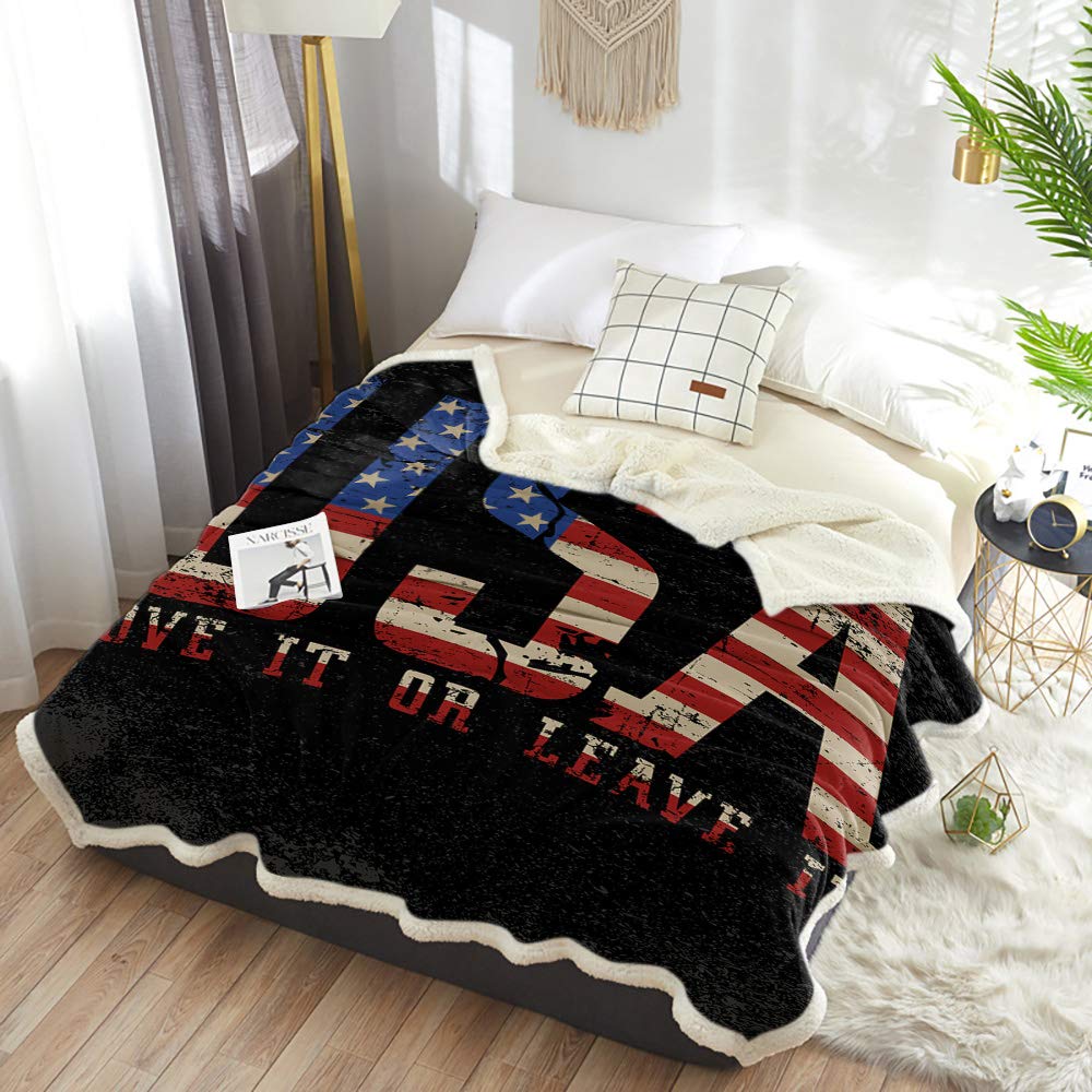 Sherpa Fleece Throw Blanket - Patriotic USA Flag Design - Ultra Soft & Cozy Plush Microfiber Blanket - 50x80 Inch Warm Blanket for Couch, Bed, Sofa - Perfect for Winter, Camping, Movie Nights & Home Decor