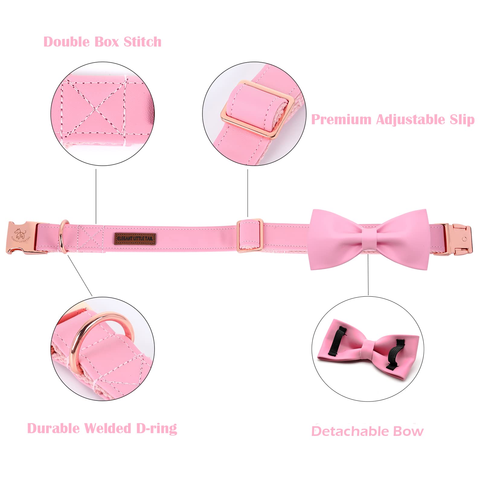 Premium Pink Leather Dog Collar with Elegant Bow - Adjustable Cute Bowtie Collar for Medium Size Dogs | Perfect for Daily Walks, Pet Photos & Special Occasions