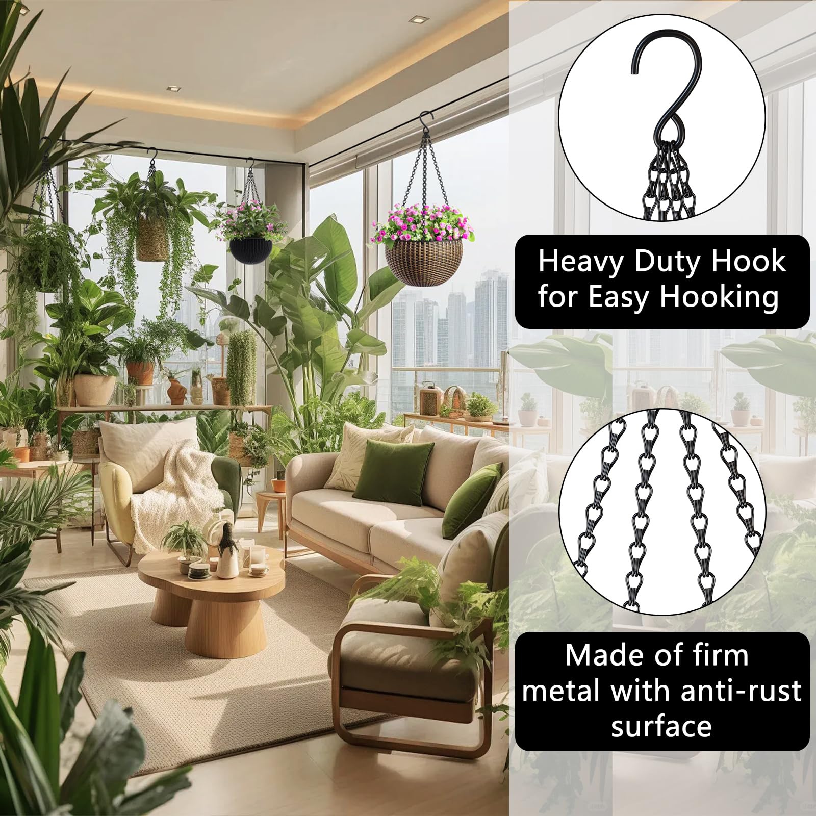 3 Pack 23 Inch Heavy Duty Hanging Basket Chains with Hooks - Black Plant Hangers for Flower Pots, Bird Feeders, Lanterns - Perfect for Indoor/Outdoor Garden Decor, Patio & Balcony Plant Display