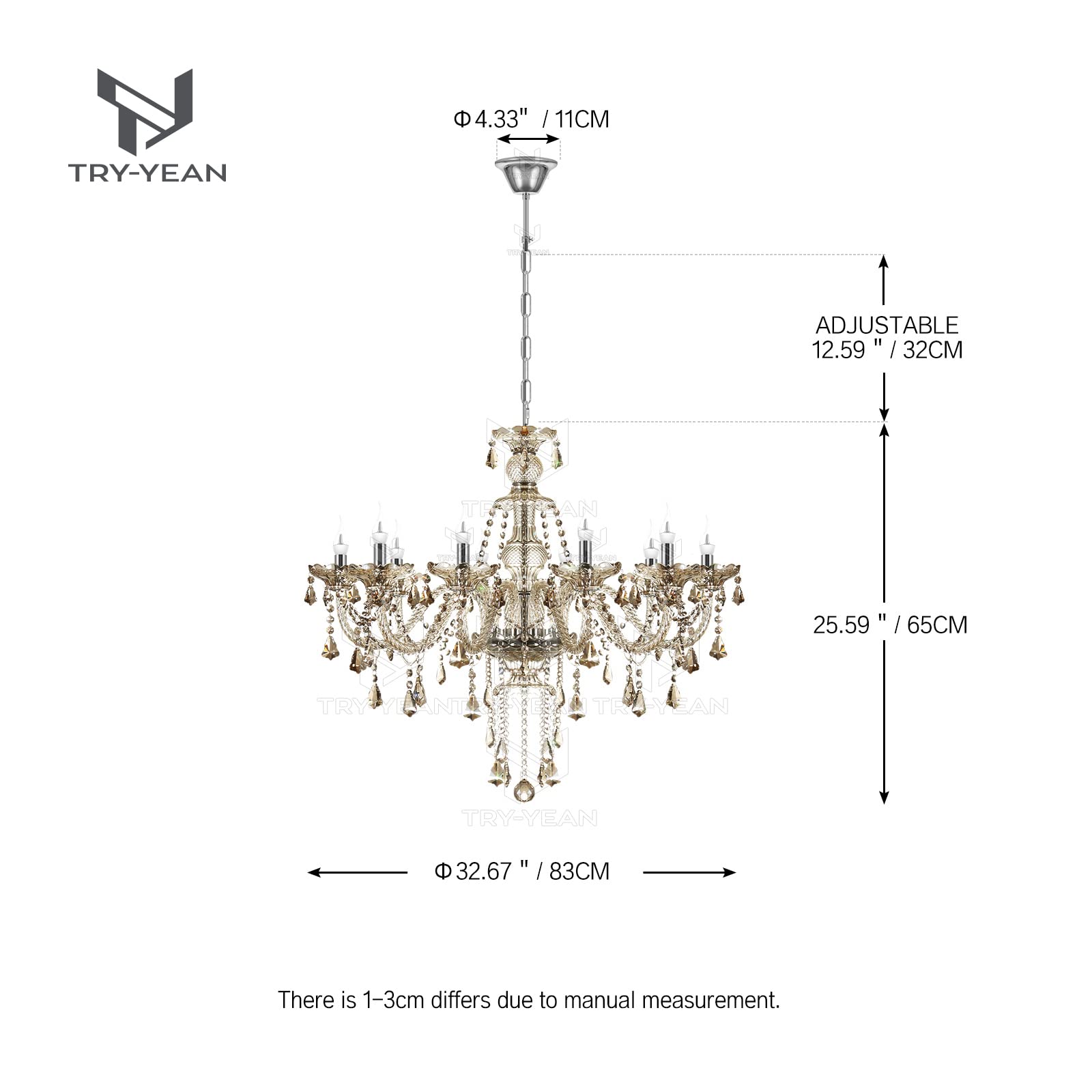 Modern 10-Light Cognac Chandelier with K9 Crystal Glass & Adjustable Chain - Classic Candle Style Ceiling Pendant Light for Bedroom, Dining Room, Hallway (E12 Base) - Perfect for Romantic Dinners, Wedding Decor & Luxury Home Lighting