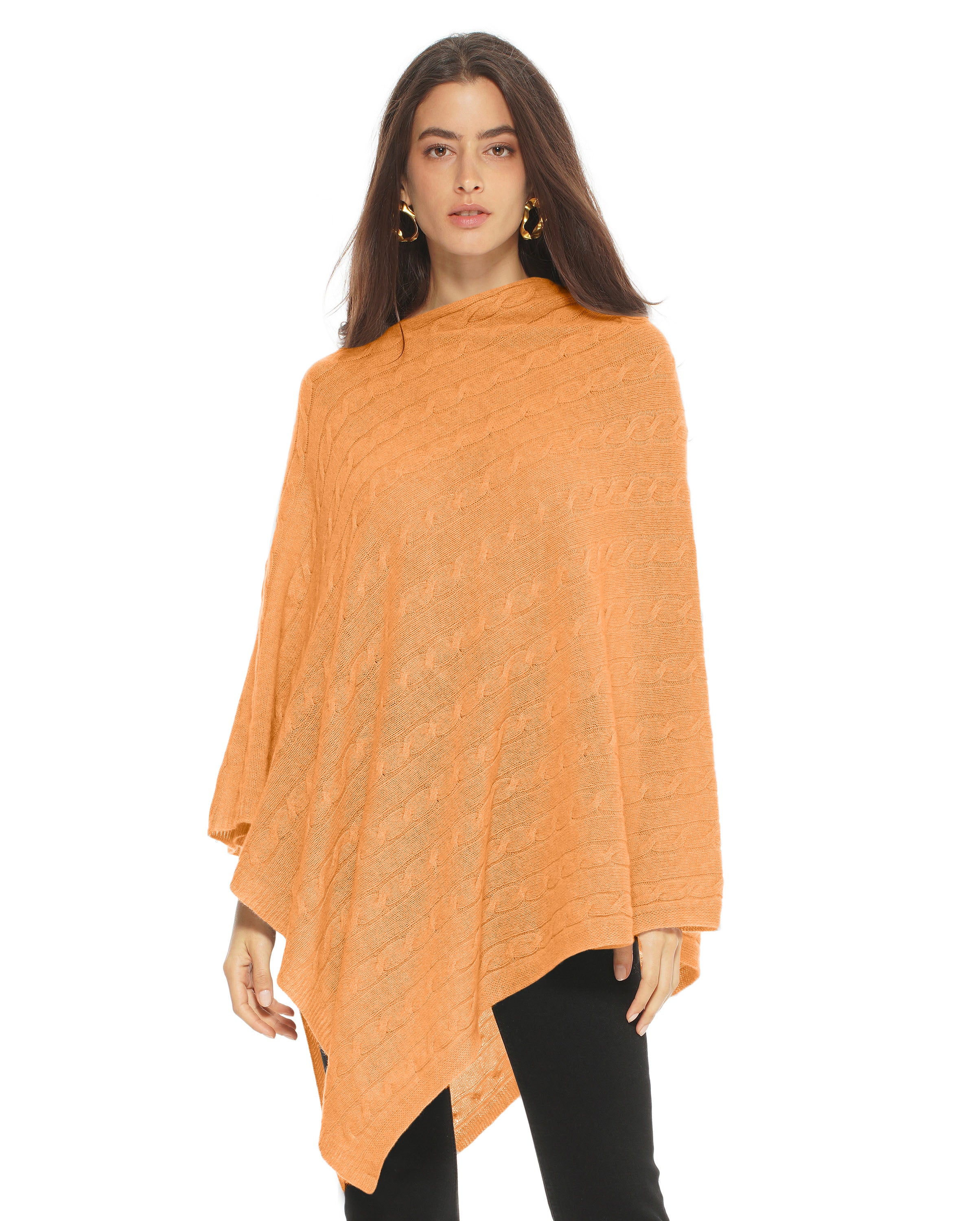 Luxury Women's Pure Cashmere Cable Knit Poncho Shawl - Soft Warm Winter Wrap Scarf (Orange) | Perfect for Fall Winter Outfits, Office Wear & Holiday Gifts