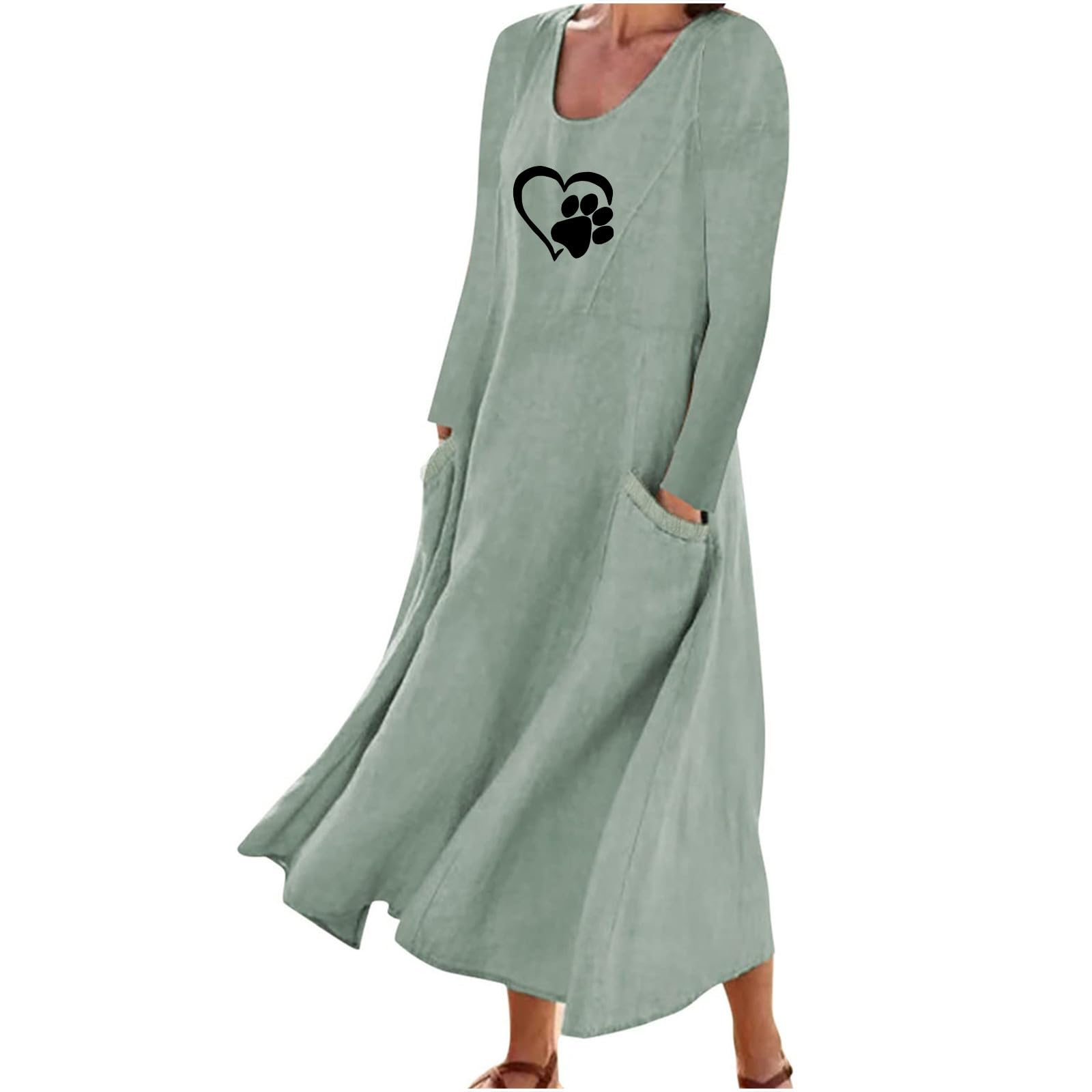Yihaojia Women's Casual Long Sleeve Loose Cotton Linen A-Line Maxi Dress - Comfortable Fall & Winter Boho Style Outfit for Daily Wear, Work, Travel & Special Occasions