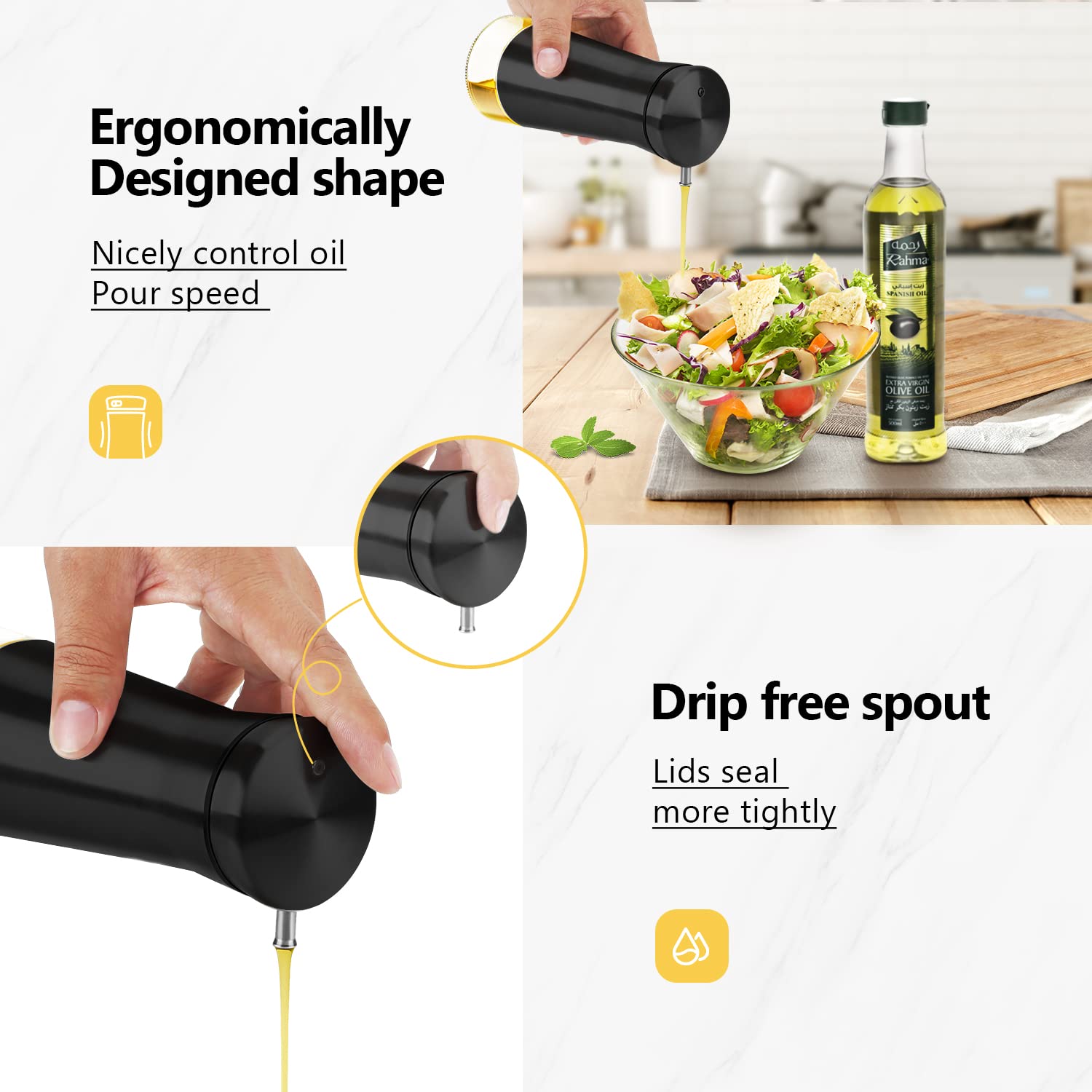 Premium Black Oil and Vinegar Dispenser Set - 2 Pack No-Drip Glass Bottles for Kitchen, Home, Restaurants & Weddings - Elegant Kitchen Decor & Accessories for Cooking, Salad Dressing & Entertaining